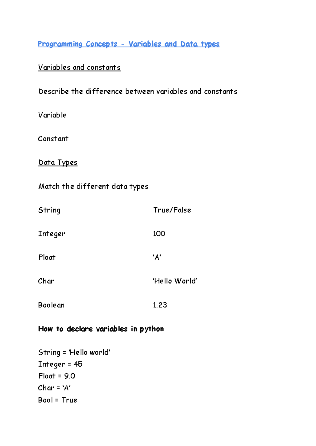 Programming Concepts Variables and Data types - How to declare ...