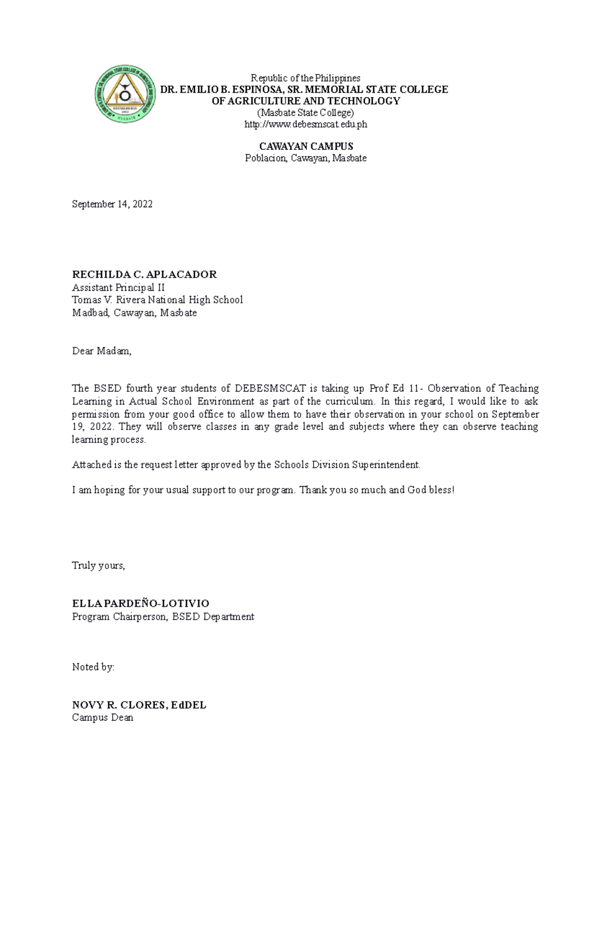 Letter to the principal - Republic of the Philippines DR. EMILIO B ...