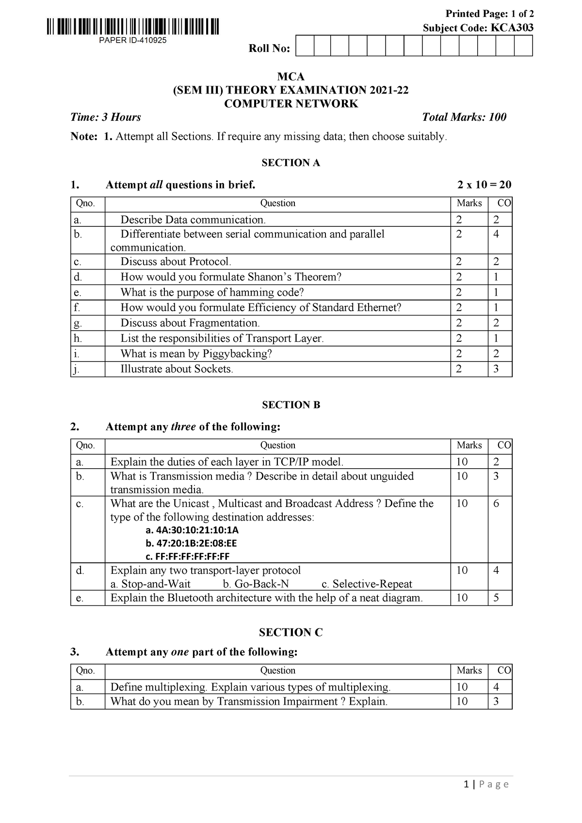 Mca 3 sem computer network kca303 2022 - Printed Page: 1 of 2 Subject ...