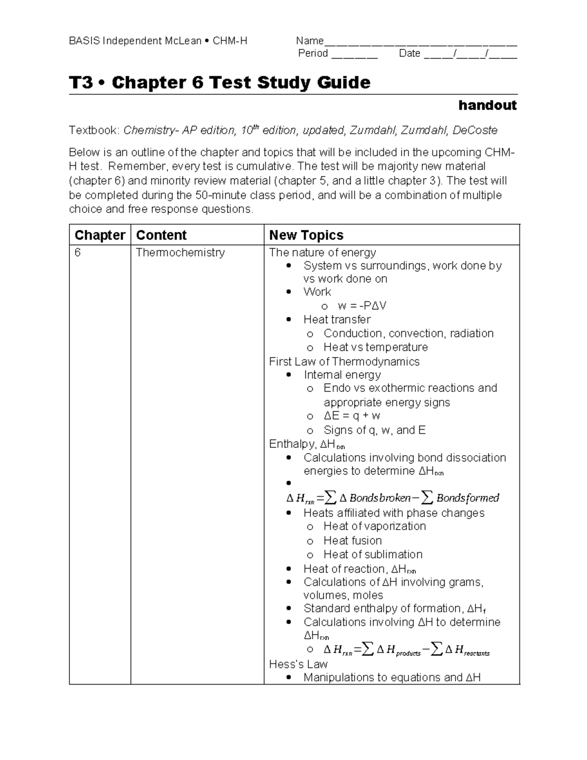 26-test+6+study+guide - BASIS Independent McLean CHM-H Name