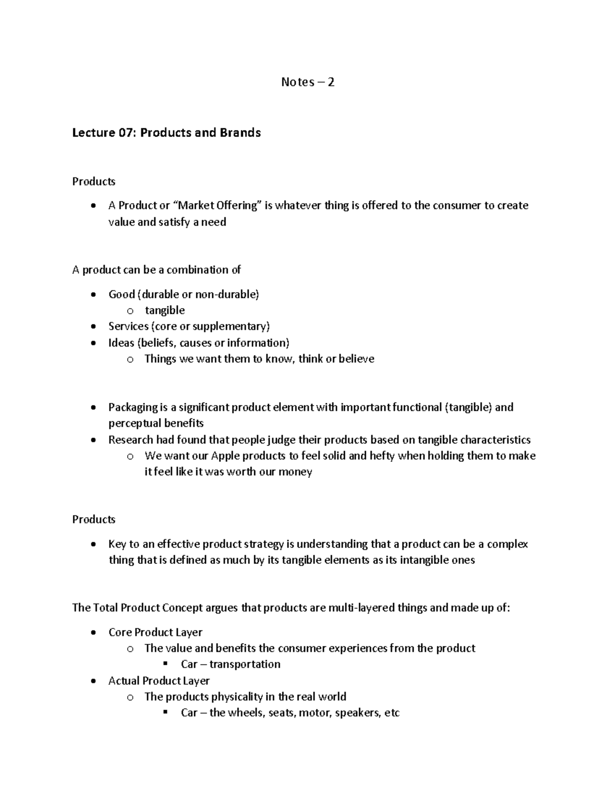 Notes for final - Notes – 2 Lecture 07: Products and Brands Products ...