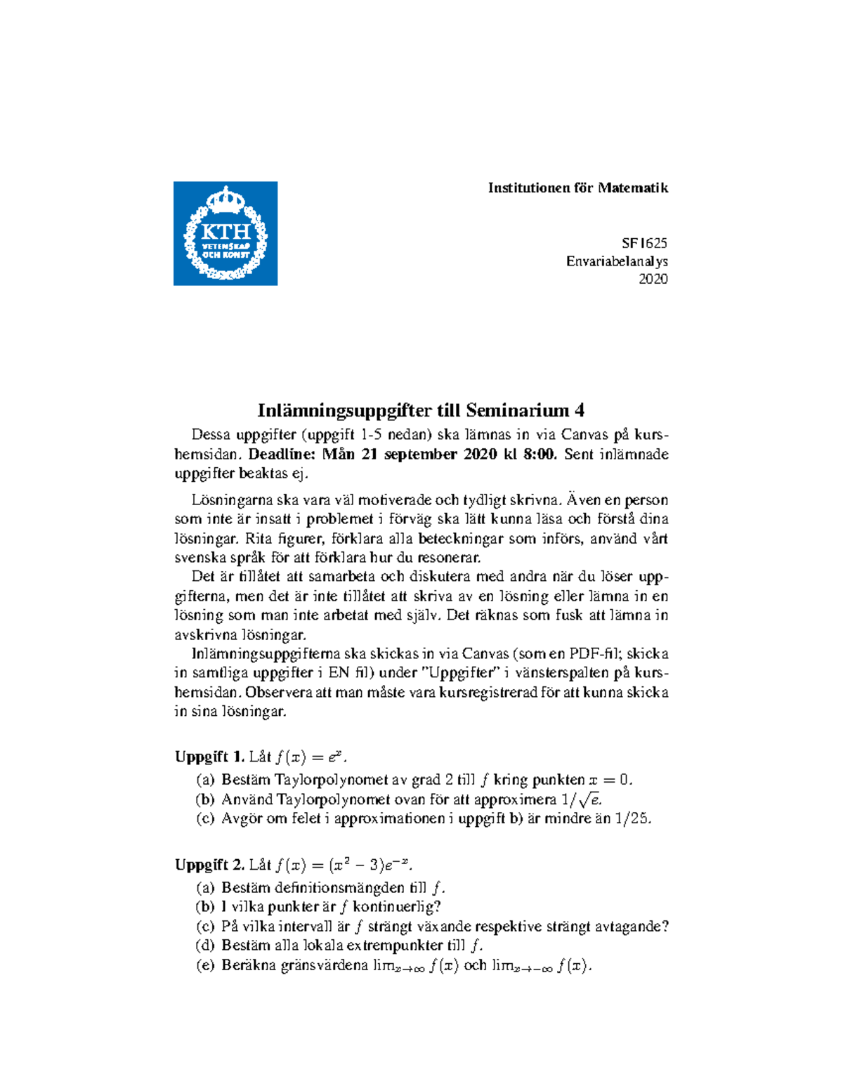 Sem4 - Seminarie 4 Till Envariabelanalys - Institutionen For Matematik ...