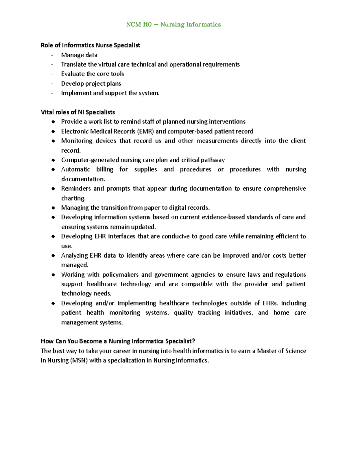 Informatics-Midterm - Role of Informatics Nurse Specialist - Manage ...
