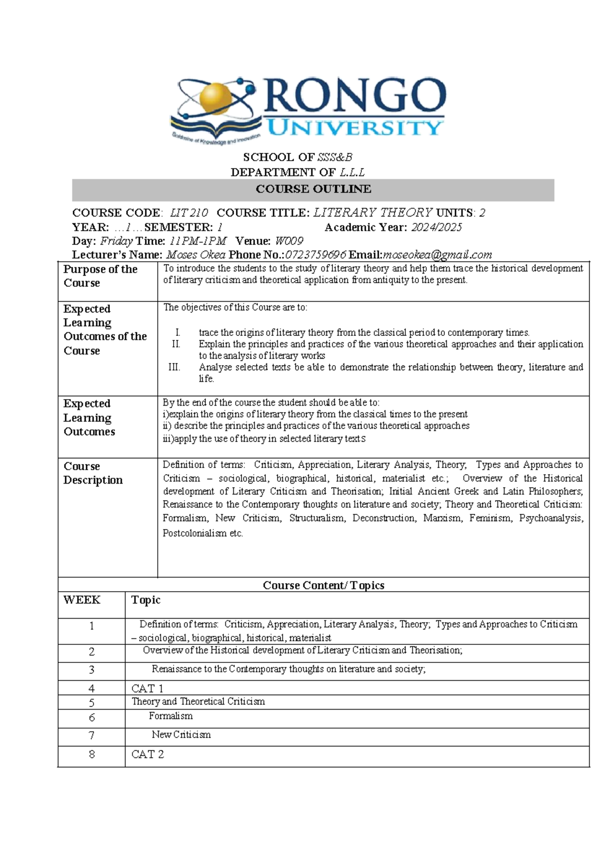 Course Outline-LIT 210 - SCHOOL OF SSS&B DEPARTMENT OF L.L COURSE CODE ...