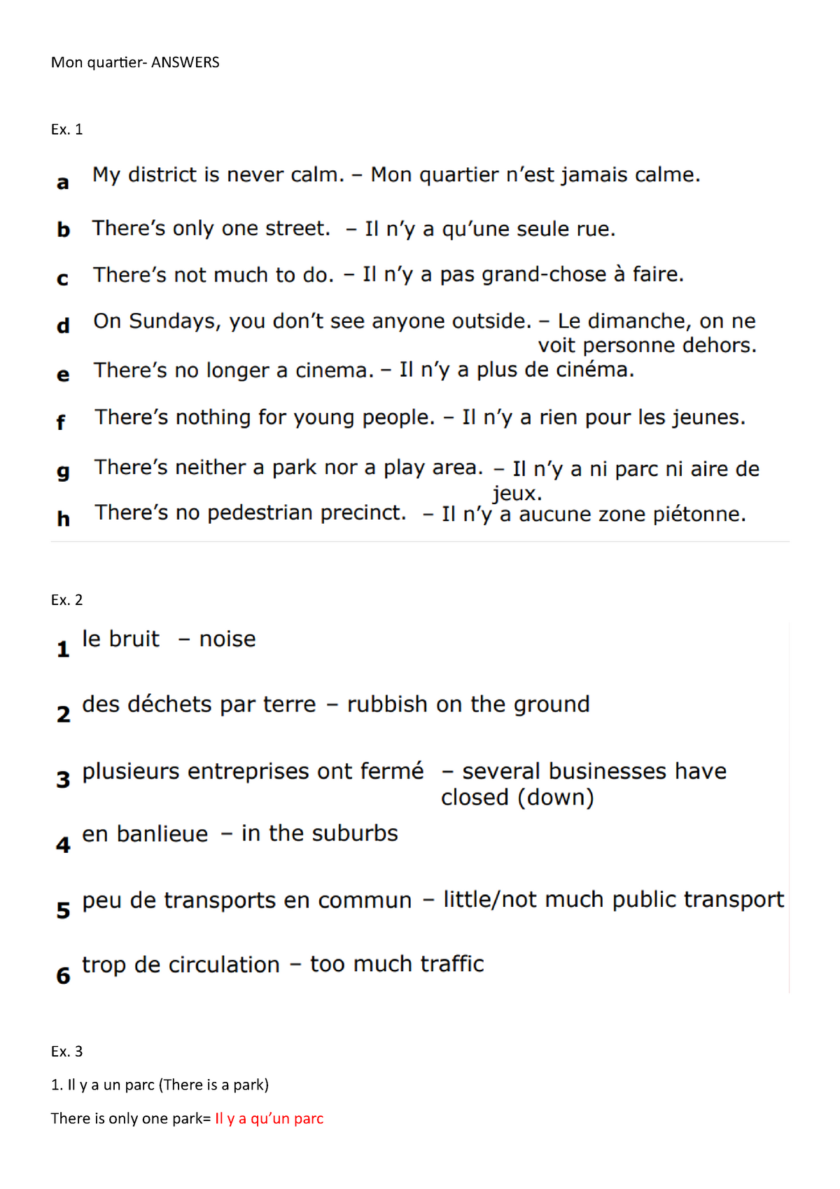 4 - rtye9ytopwihfiyep9g - Mon quartier- ANSWERS Ex. 1 Ex. 2 Ex. 3 Il y a un  parc (There is a park) - Sns-Brigh10