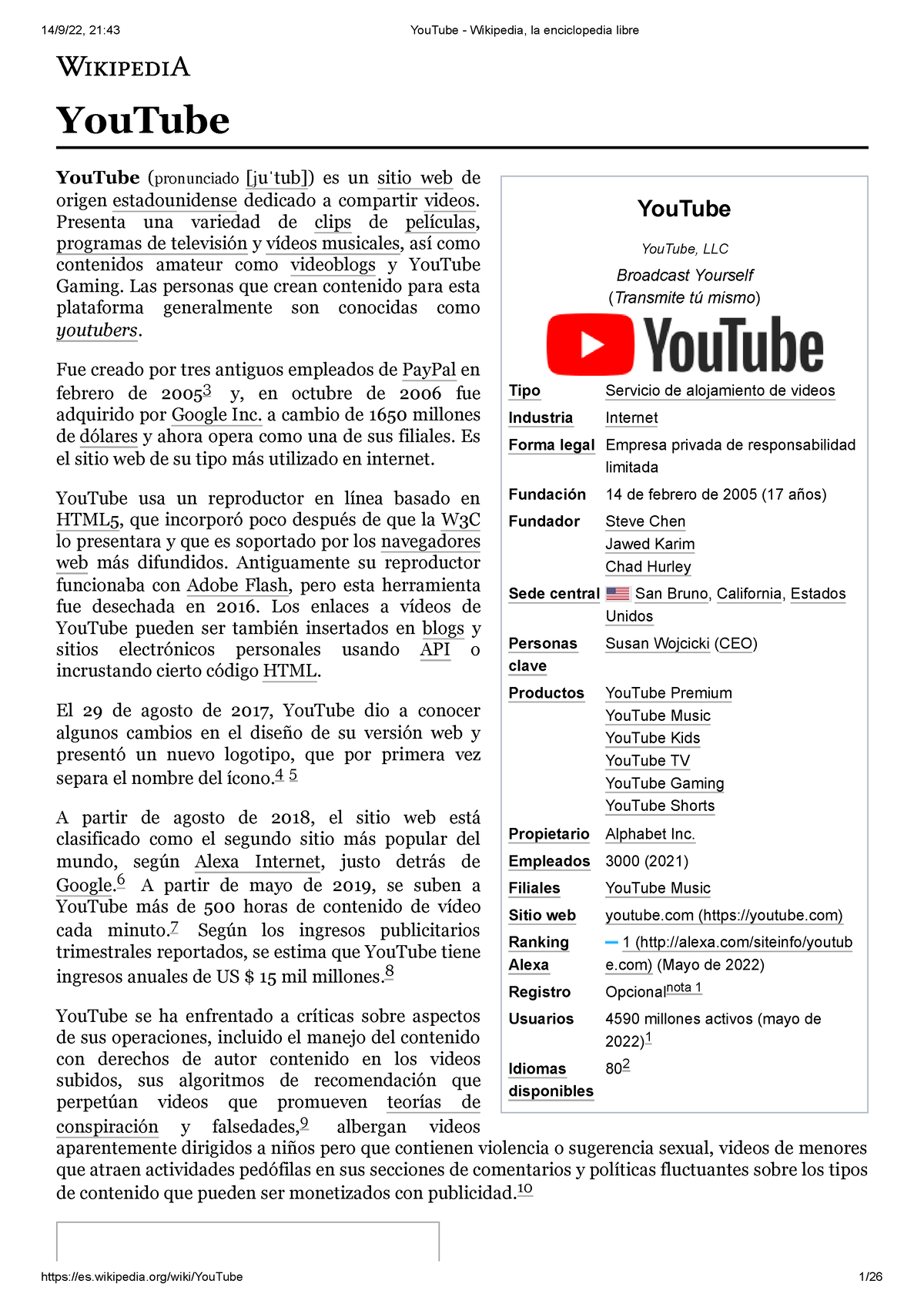 You Tube - Wikipedia, la enciclopedia libre - YouTube YouTube, LLC Broadcast Yourself ( Transmite tú Foto imagen