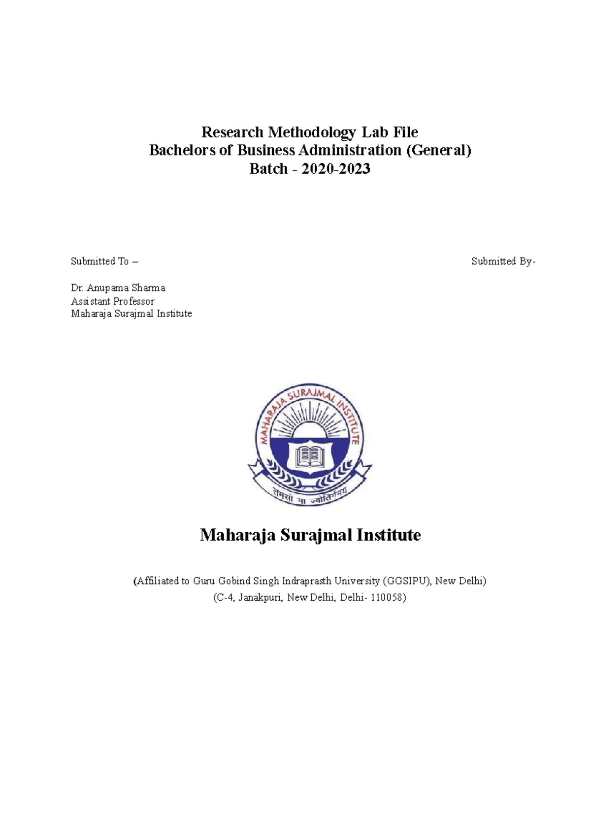 S. Vignesh RM Lab File Research Methodology Lab File Bachelors of