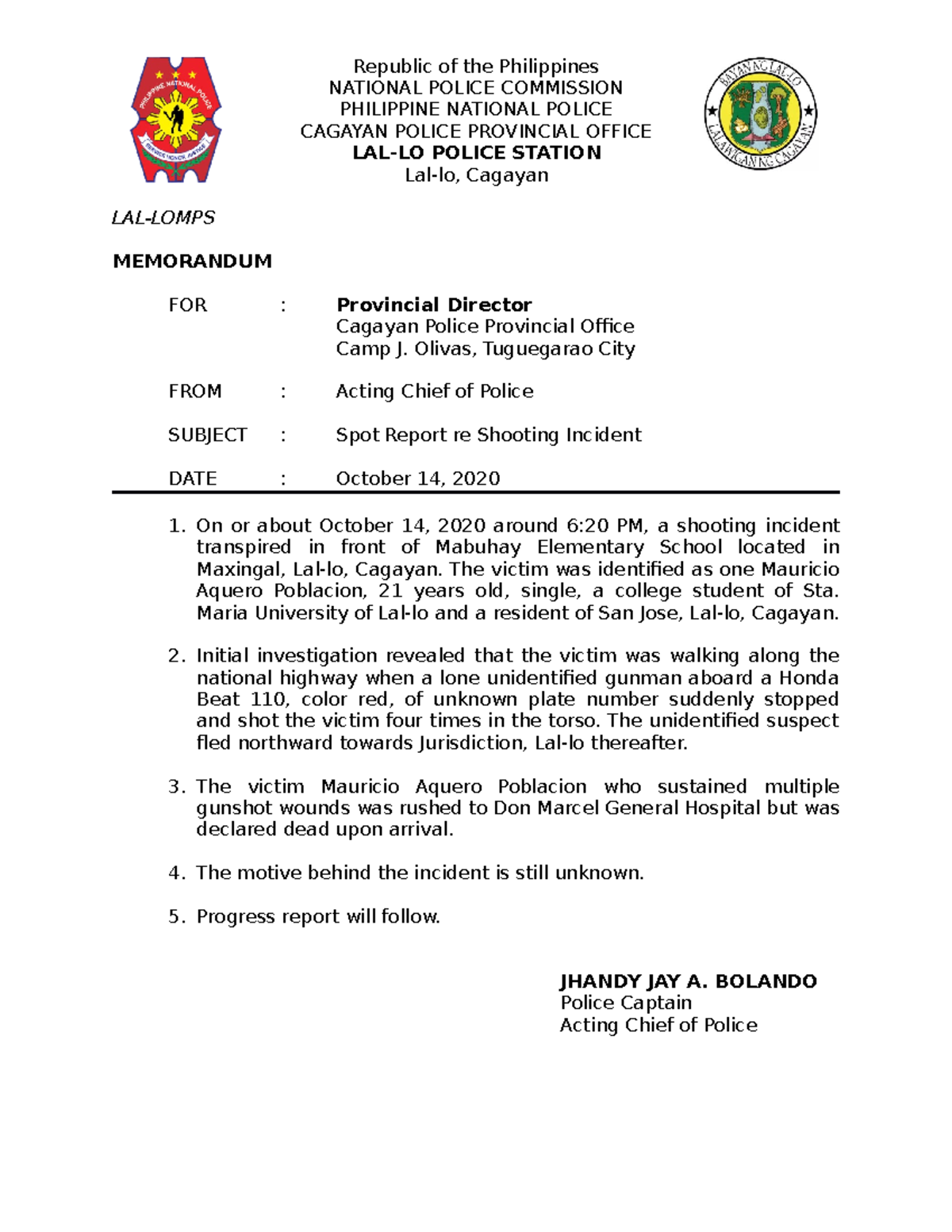 Police Spot Report Examples and Format - Republic of the Philippines ...