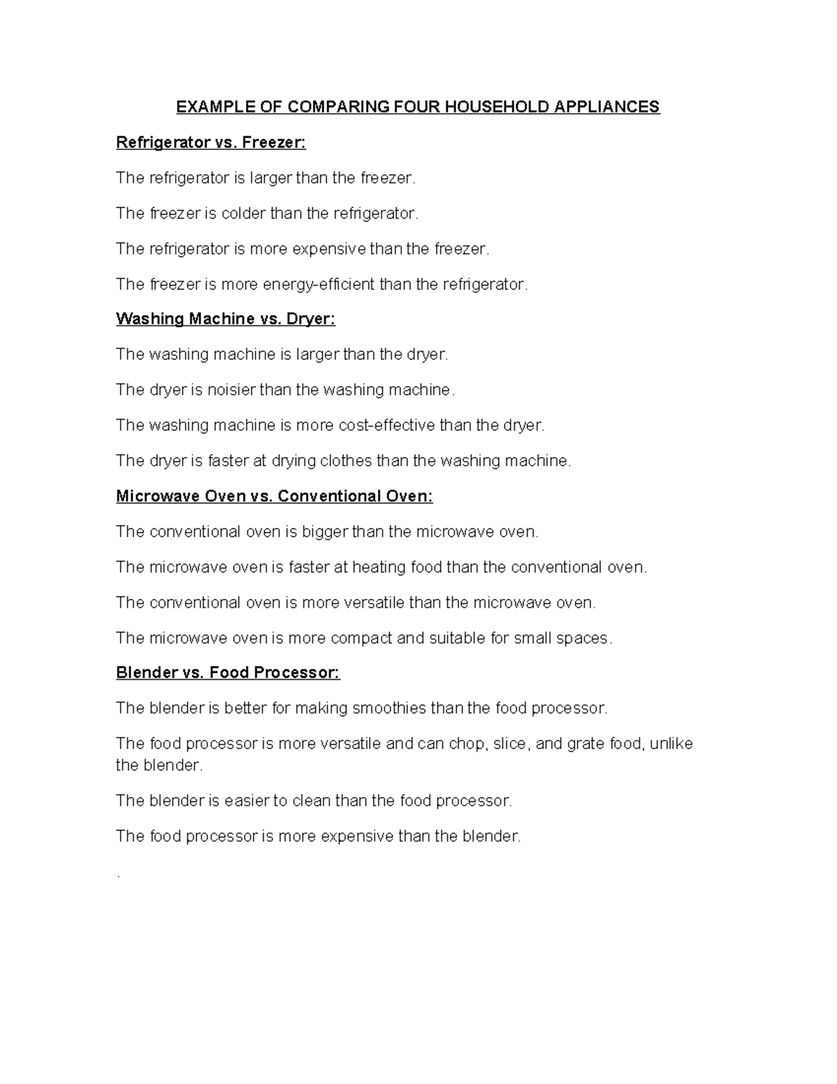 TASK WEEK 11 - EXAMPLE OF COMPARING FOUR HOUSEHOLD APPLIANCES ...