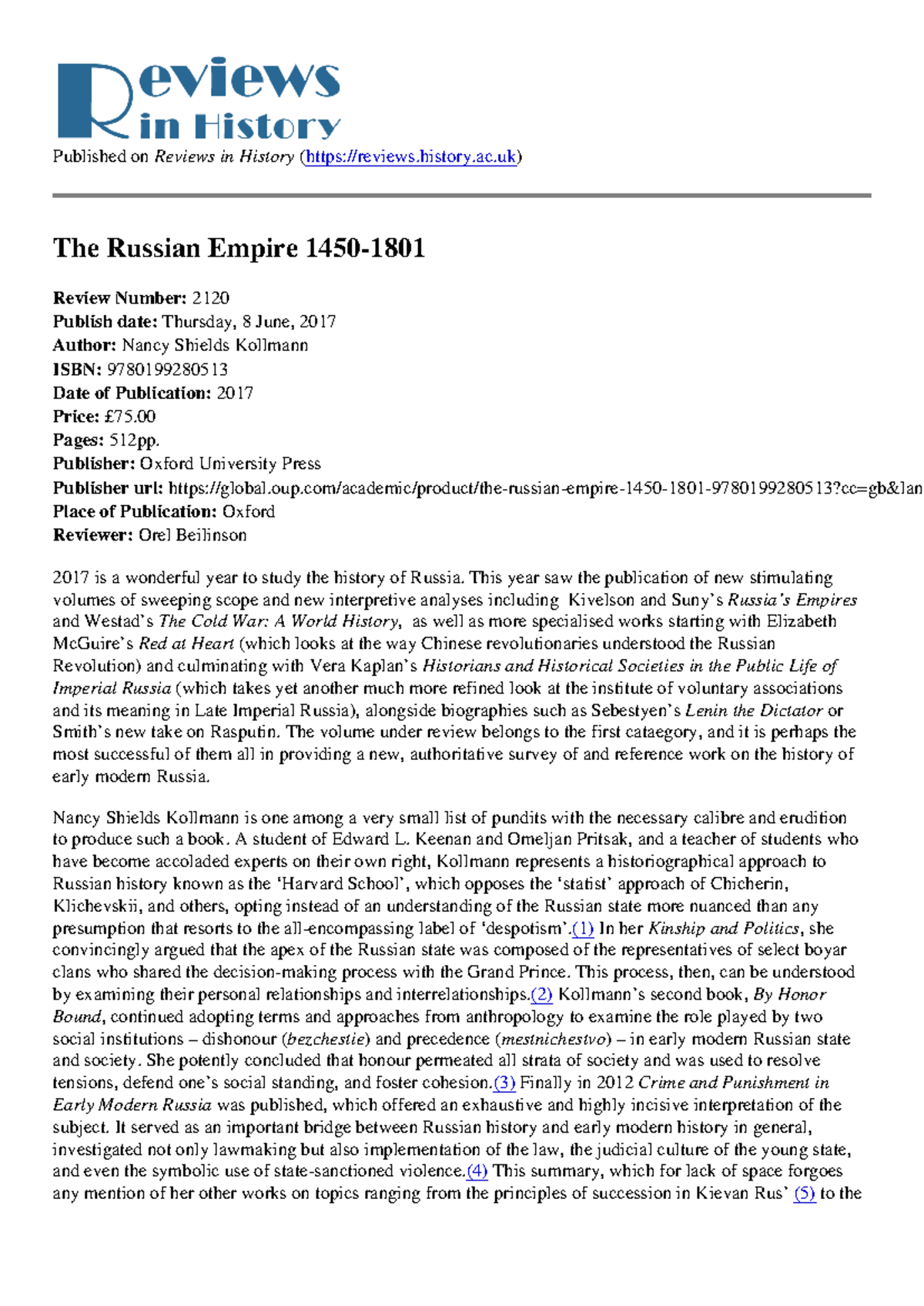 The Russian Empire 1450 1801 - Published on Reviews in History (reviews ...