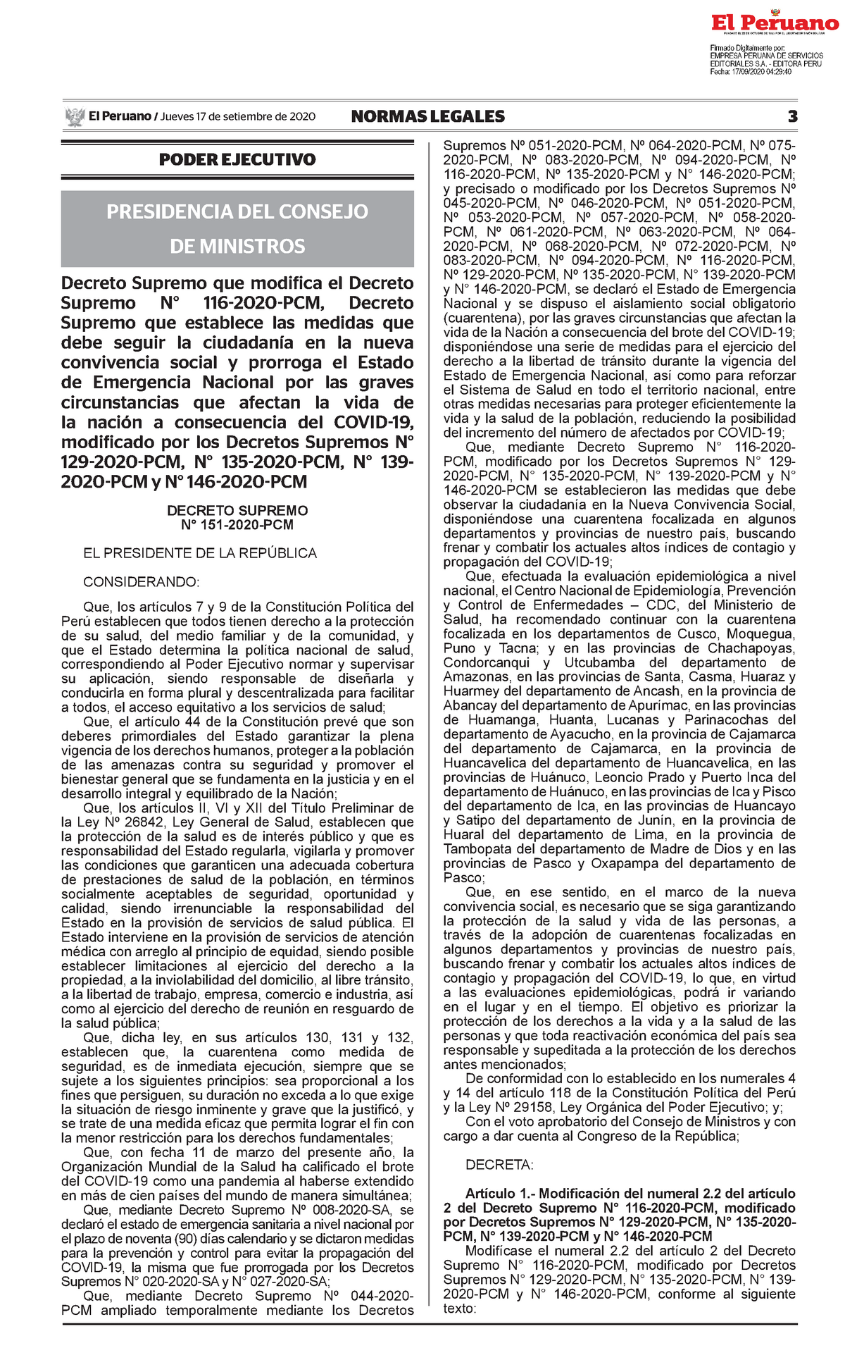 Decreto Supremo Que Modifica El Decreto Supremo N 116 2020 Decreto Supremo N 151 2020 Pcm 1128