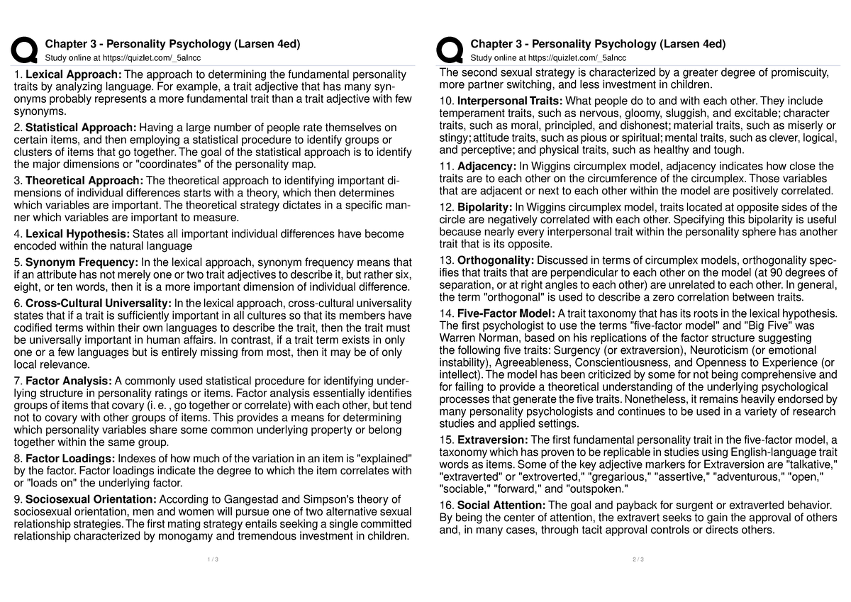 3 - Flashcards - Chapter 3 - Personality Psychology (Larsen 4ed) Study ...