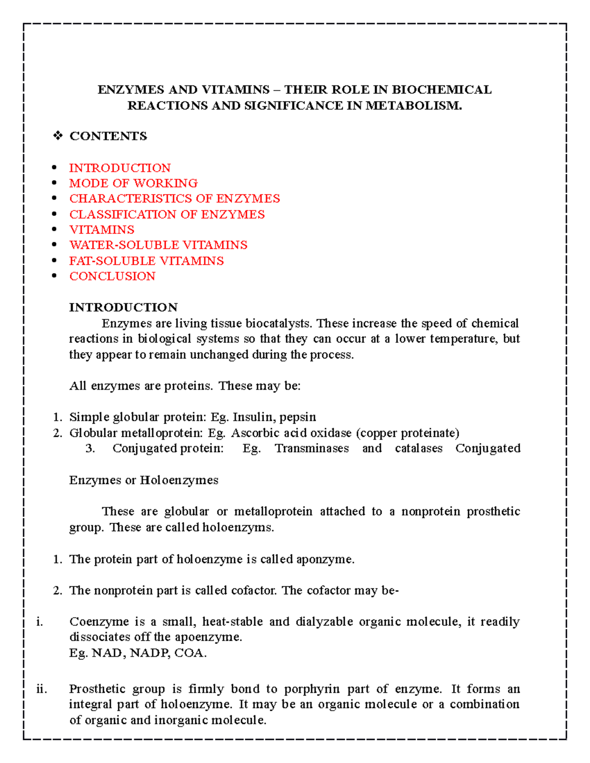 ENZYMES AND VITAMINS – THEIR ROLE IN BIOCHEMICAL REACTIONS AND ...
