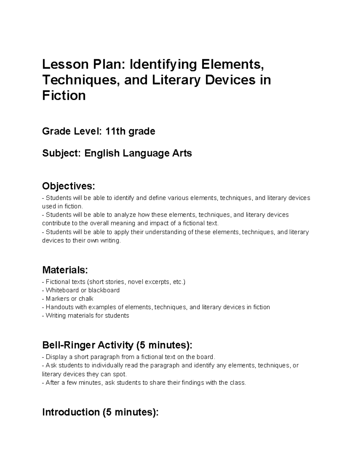 Lesson Plan Identifying Elements, Techniques, and Literary Devices in ...