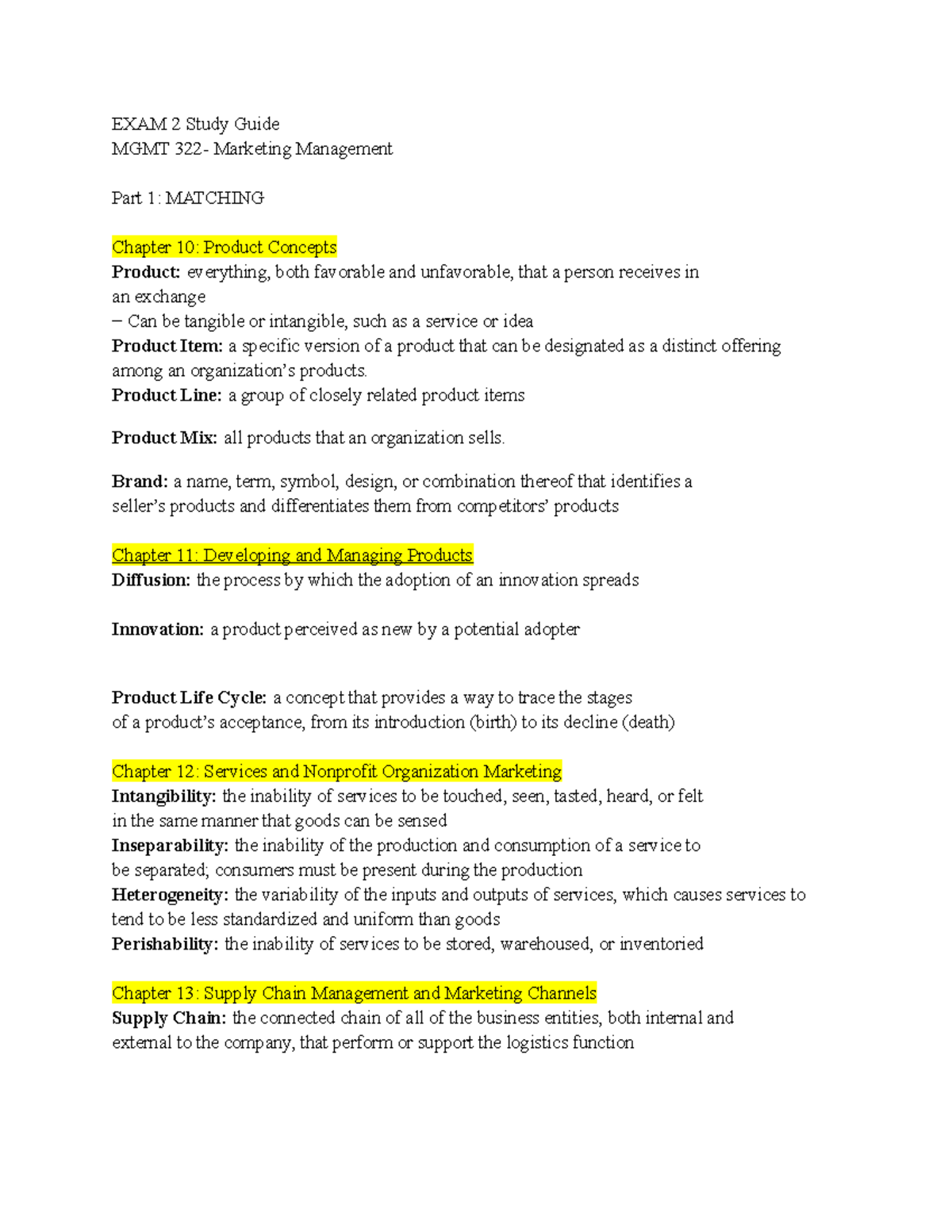 EXAM 2 Study Guide - EXAM 2 Study Guide MGMT 322- Marketing Management ...