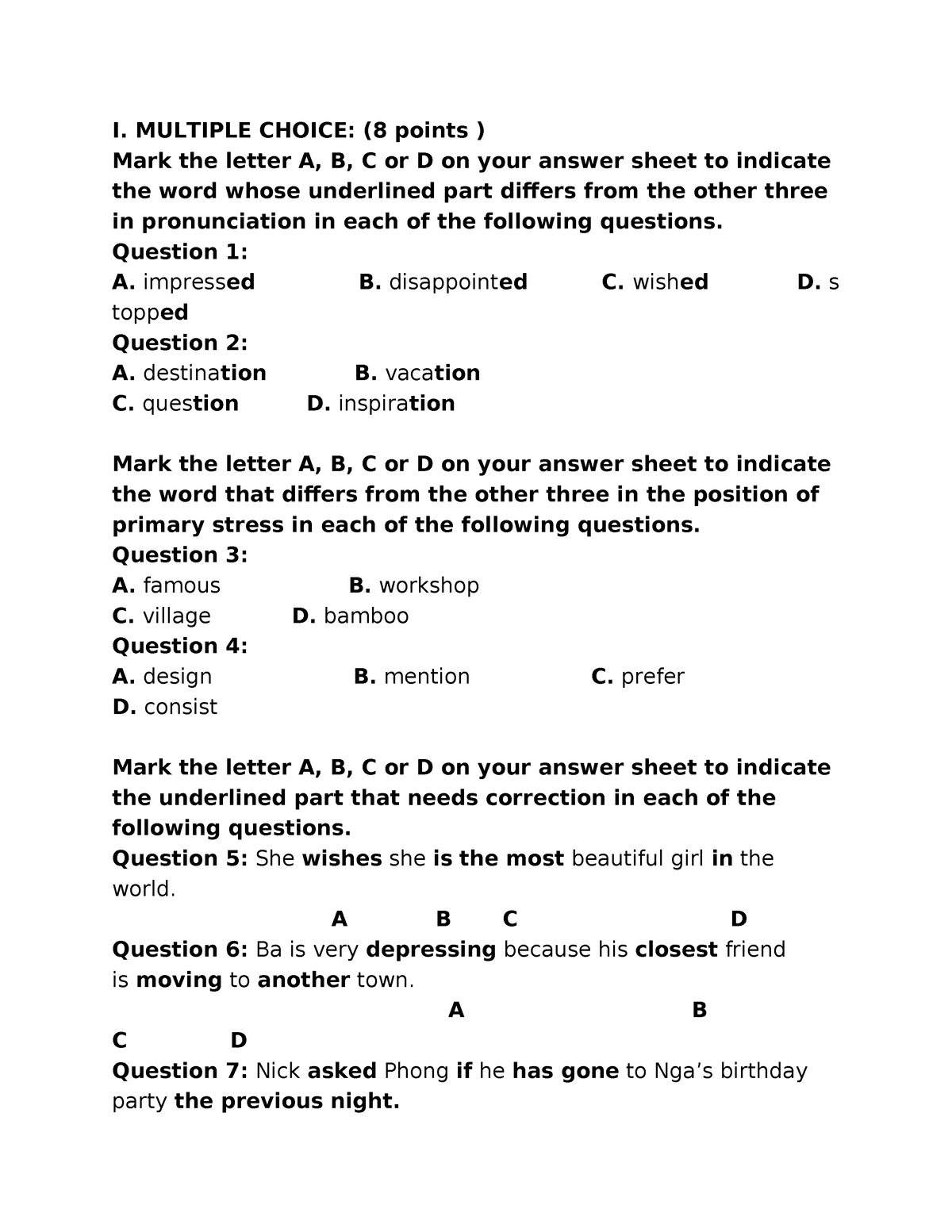 đề Thi Giữa Hk1 - Midterm Test - I. MULTIPLE CHOICE: (8 Points ) Mark ...