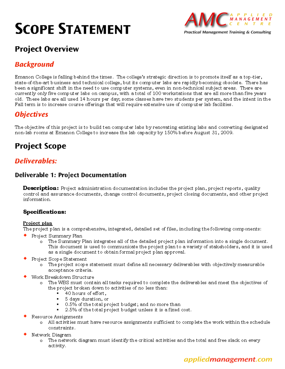 AMC Scope Statement Sample Lab Build Project Overview Background
