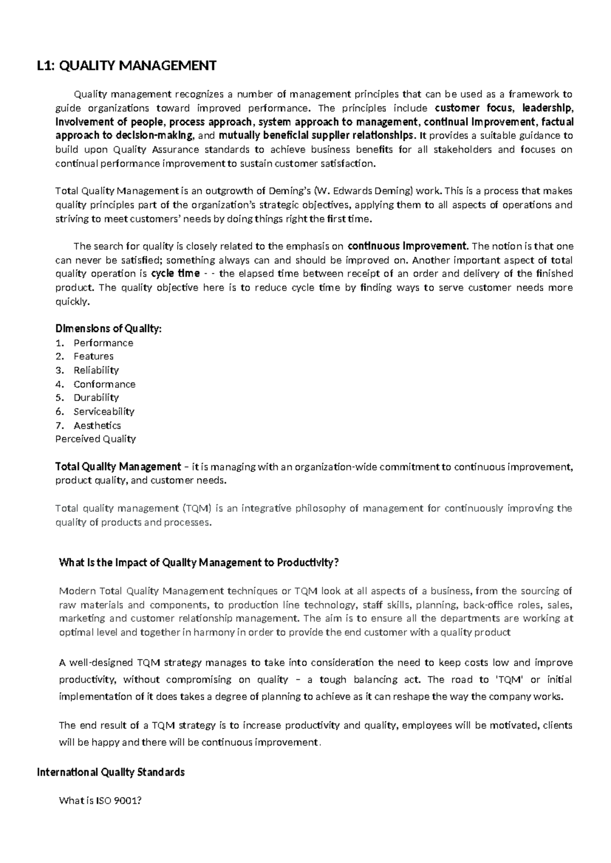 Operations Management 2nd Semester Lecture Notes - L1: QUALITY ...