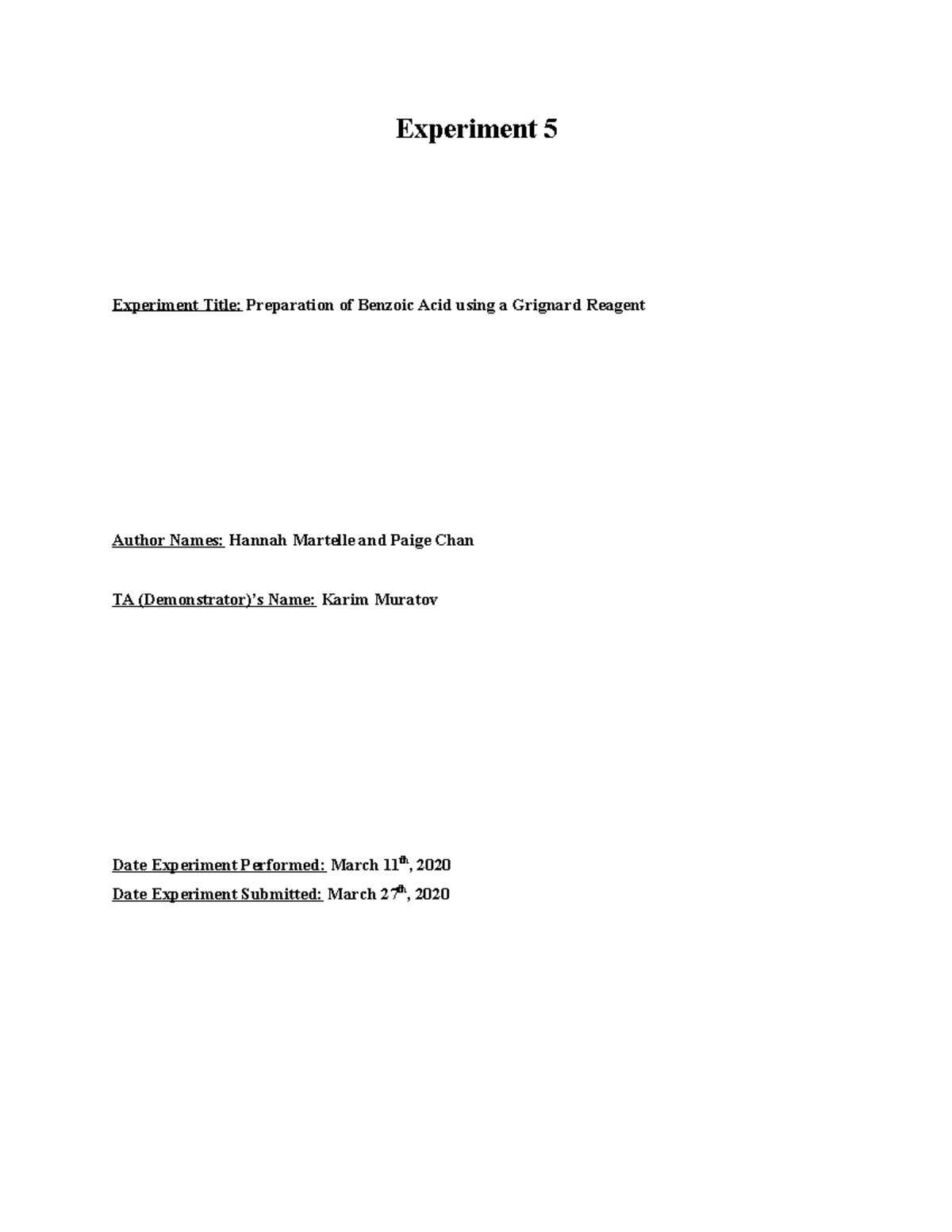 Experiment 5 Lab Experiment 5 Experiment Title Preparation of