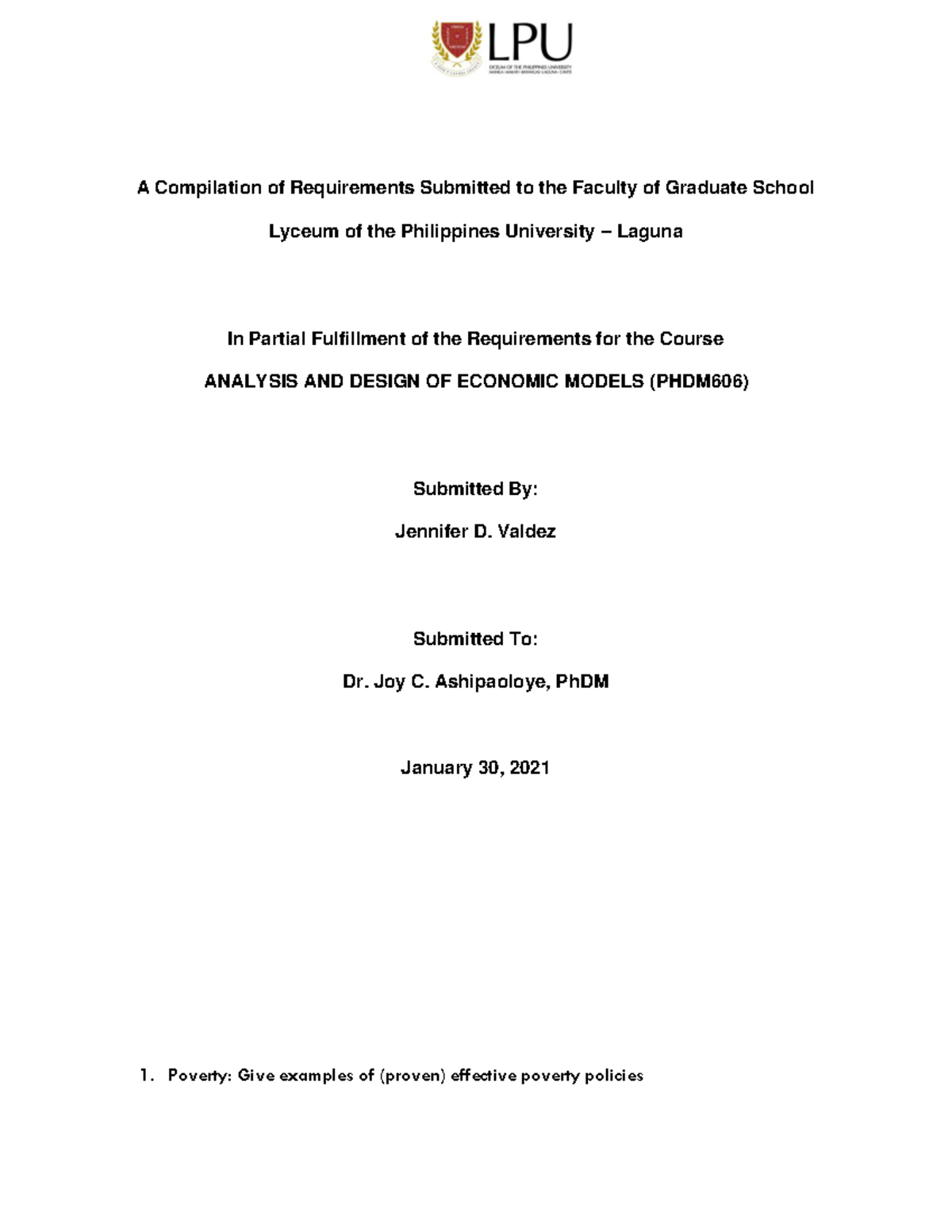 Finals 606 - ANALYSIS AND DESIGN OF ECONOMIC MODELS Compilation of ...