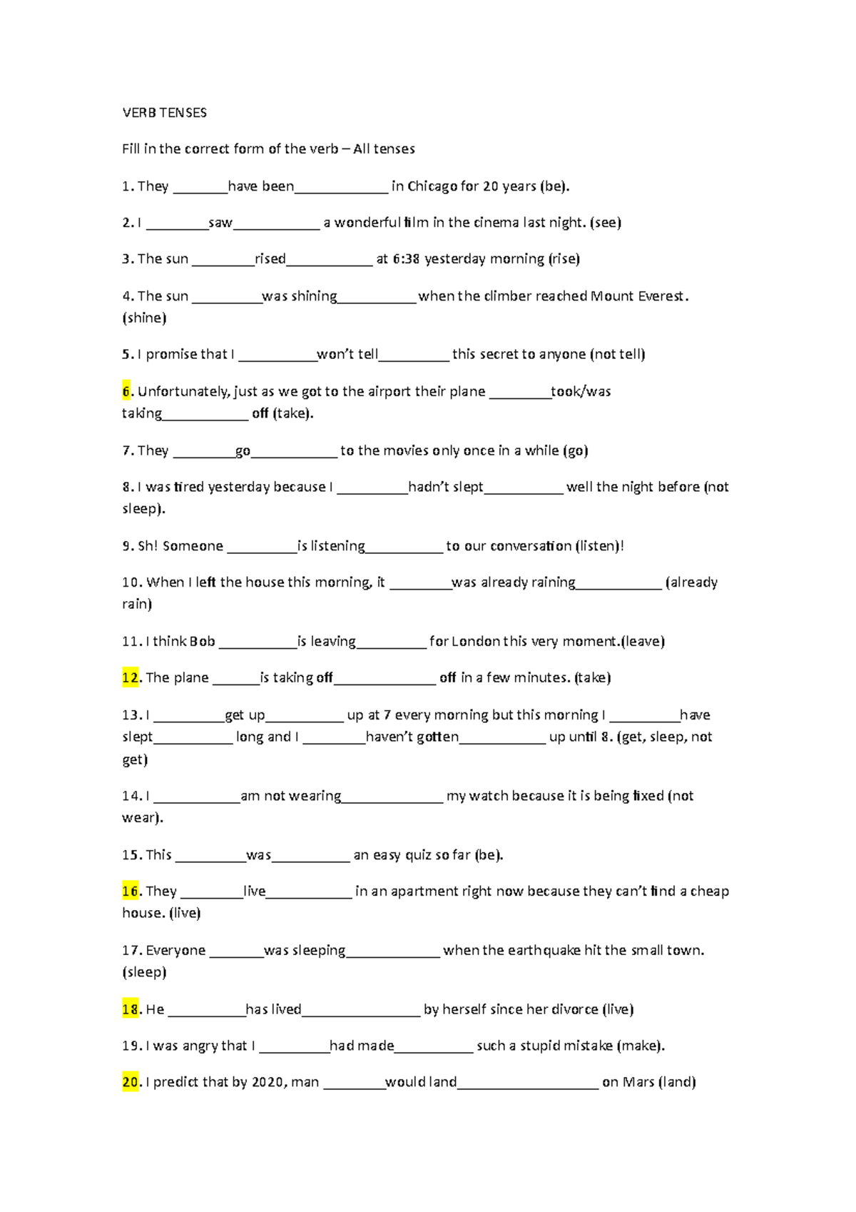 Present Tense Form Of The Verb Exercises