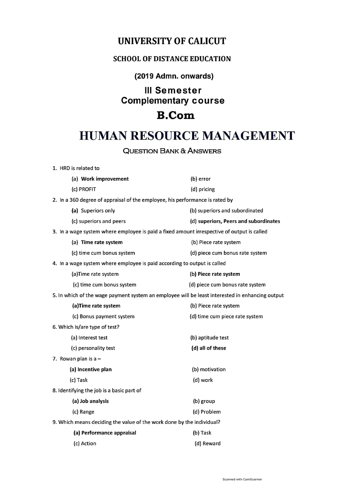 MCQ- III Sem B Com Human Resource Management - Studocu