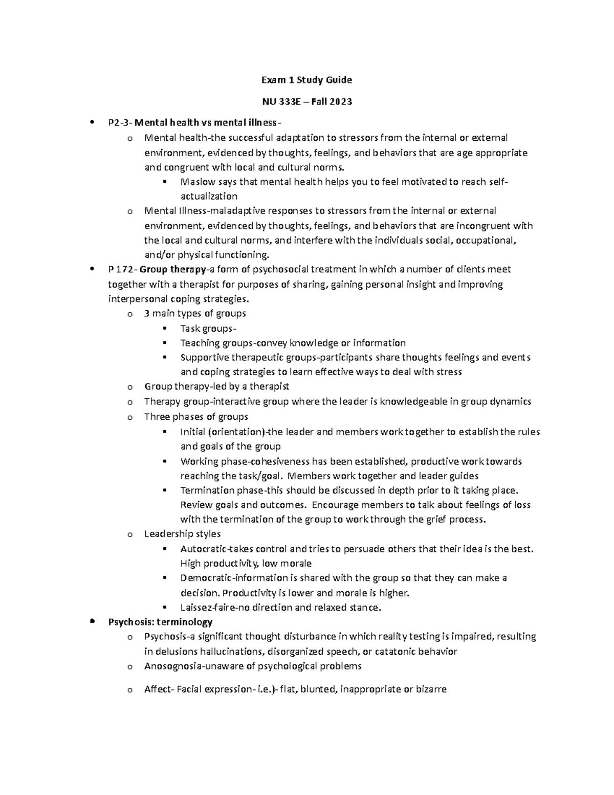 Exam 1 study guide - Exam 1 Study Guide NU 333E – Fall 2023 P2-3 ...
