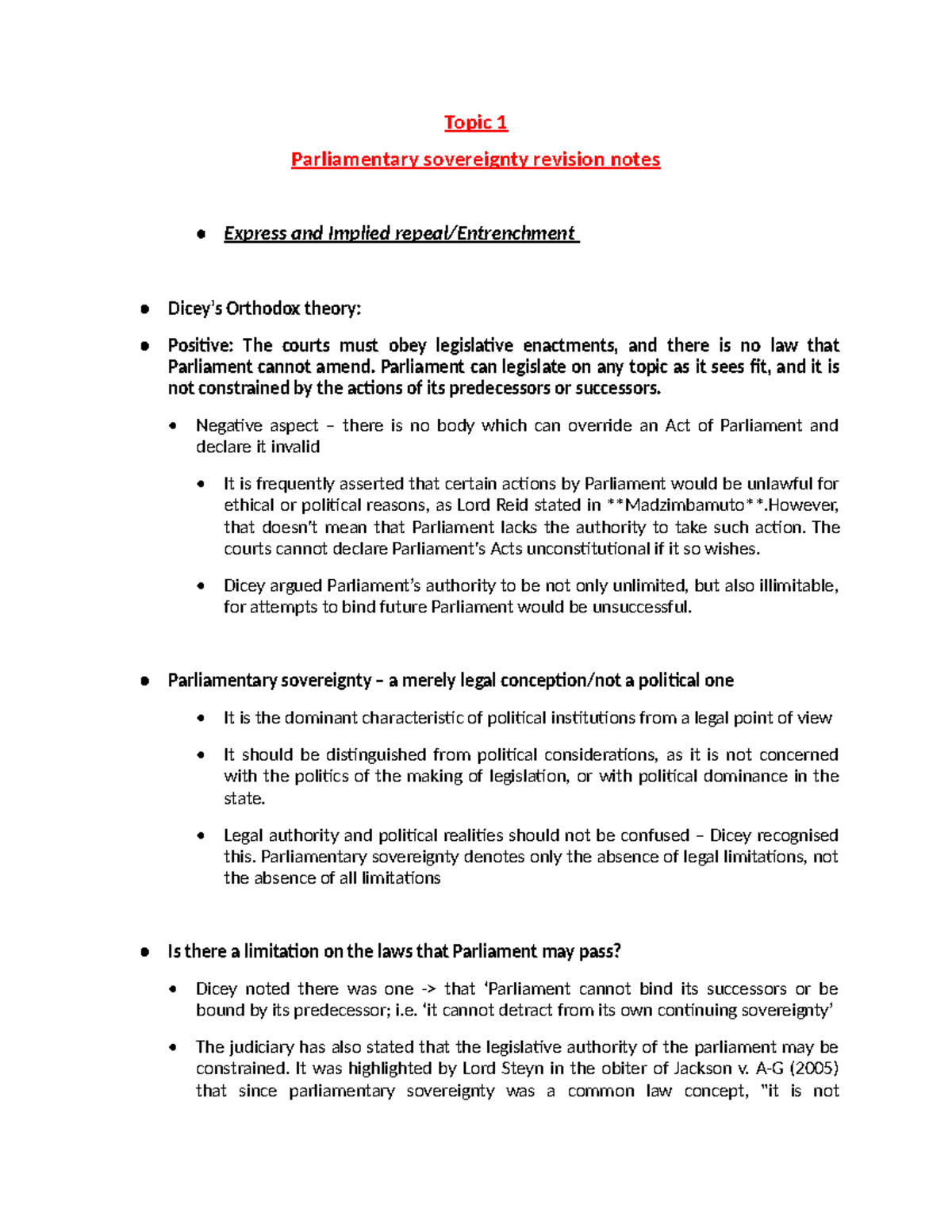 Parliamentary Sovereignty Revision Notes - Parliament Can Legislate On ...