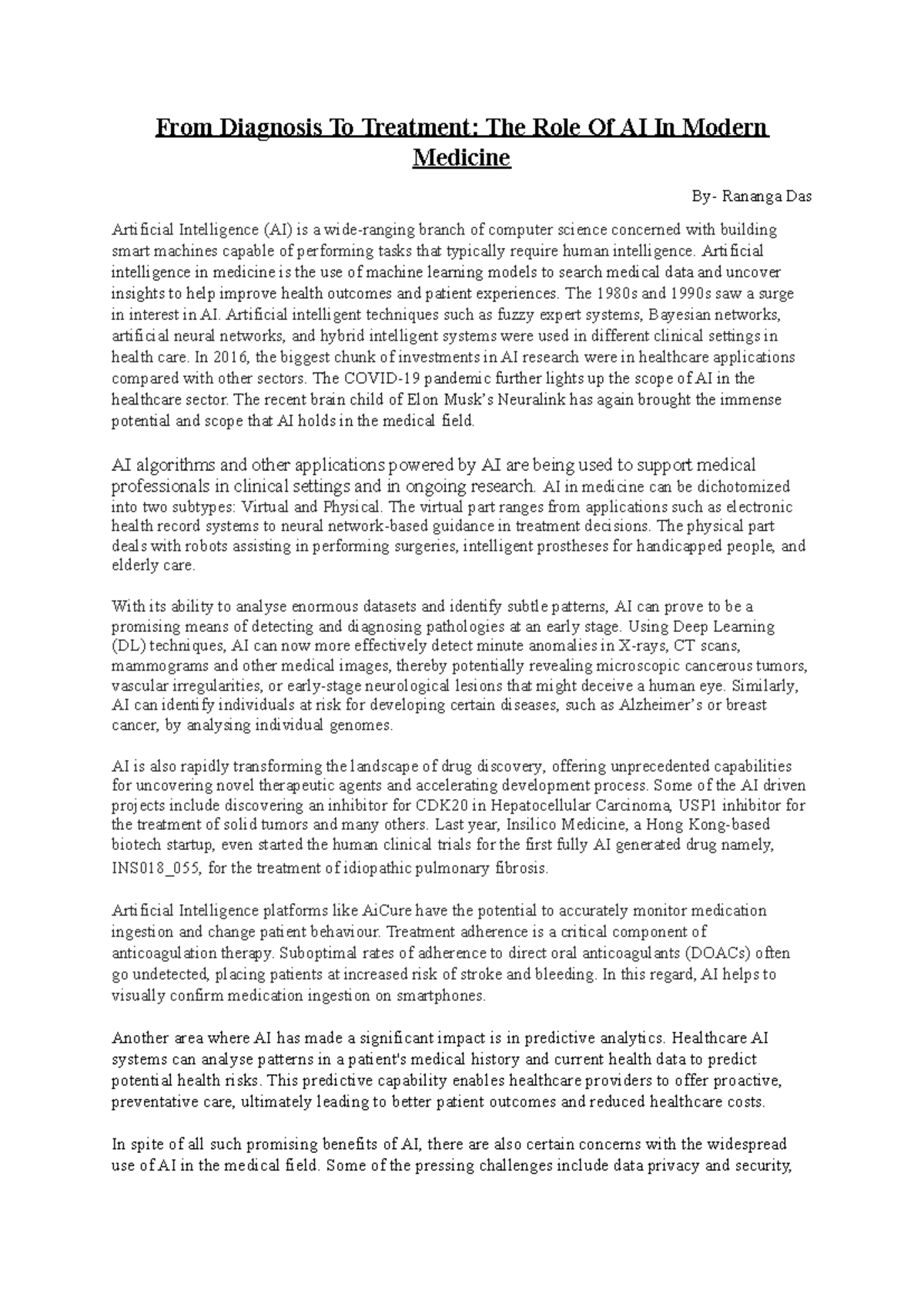 AI IN Medical Advancement - From Diagnosis To Treatment: The Role Of AI ...