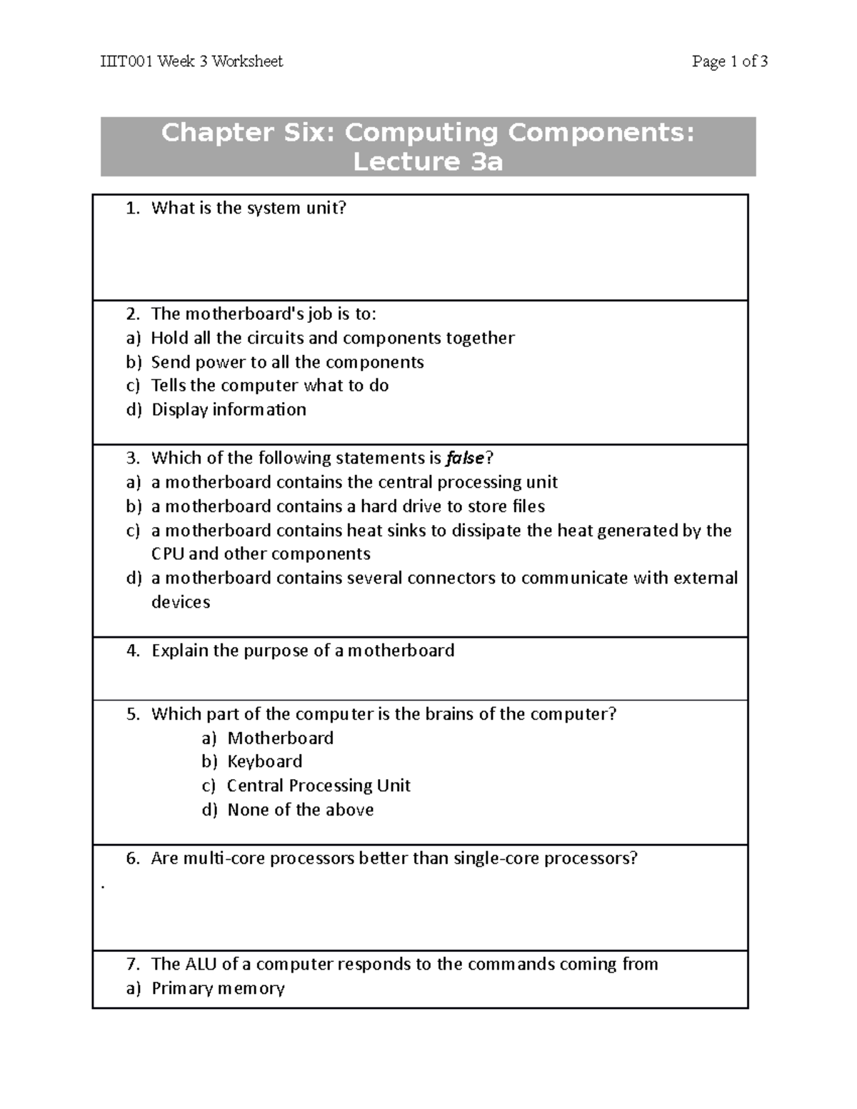 Lecture 3a and 3b worksheet - Student - IIIT001 Week 3 Worksheet Page 1 ...