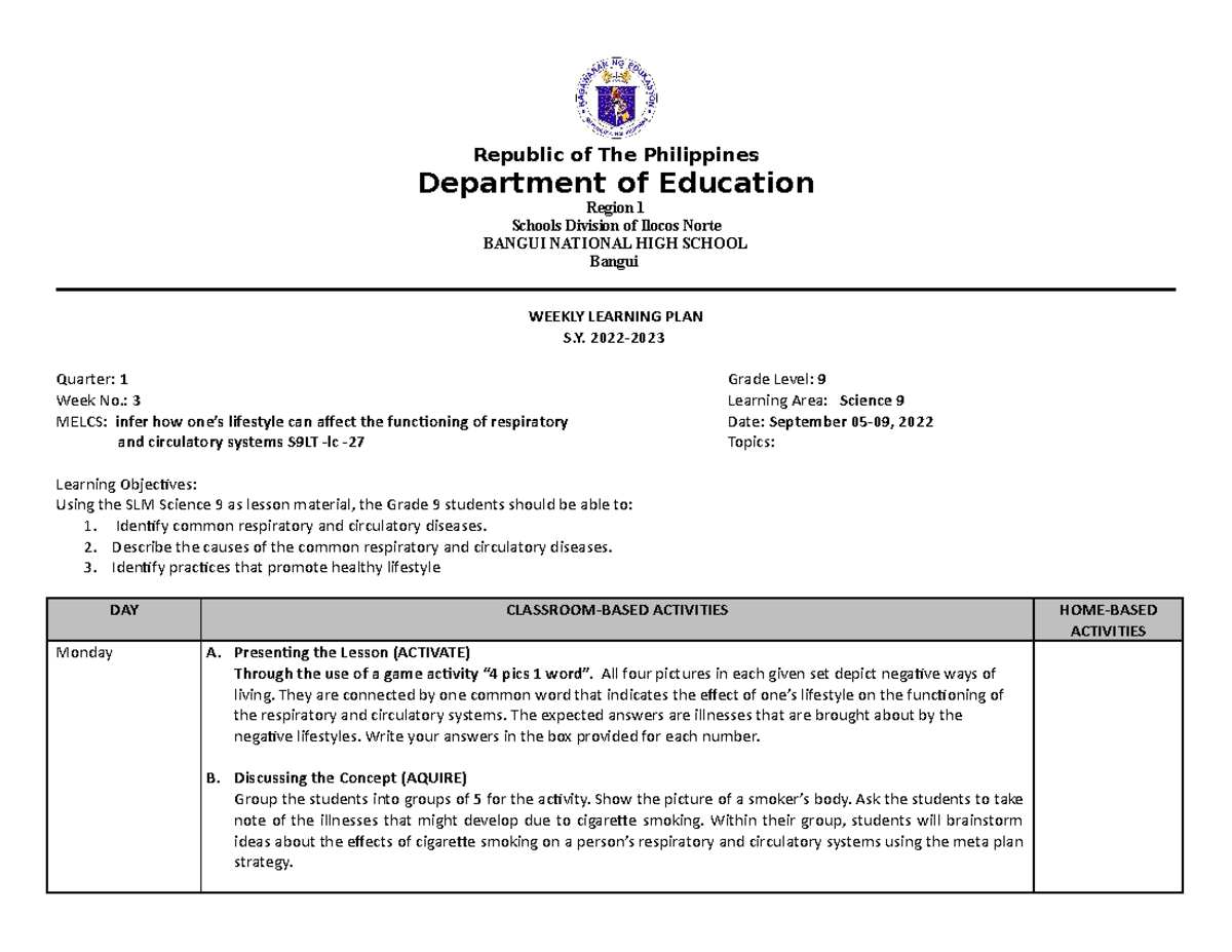 Science 9 Week3 - WEEKLY LEARNING PLAN S. 2022- Quarter: 1 Grade Level ...