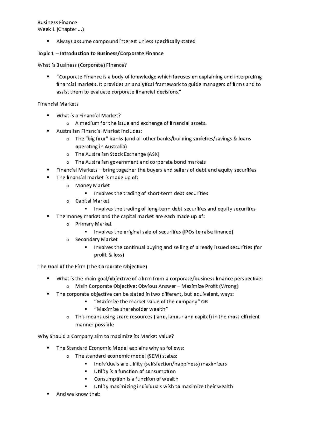 Week 1 - lecture notes - Business Finance Week 1 (Chapter …) Always ...