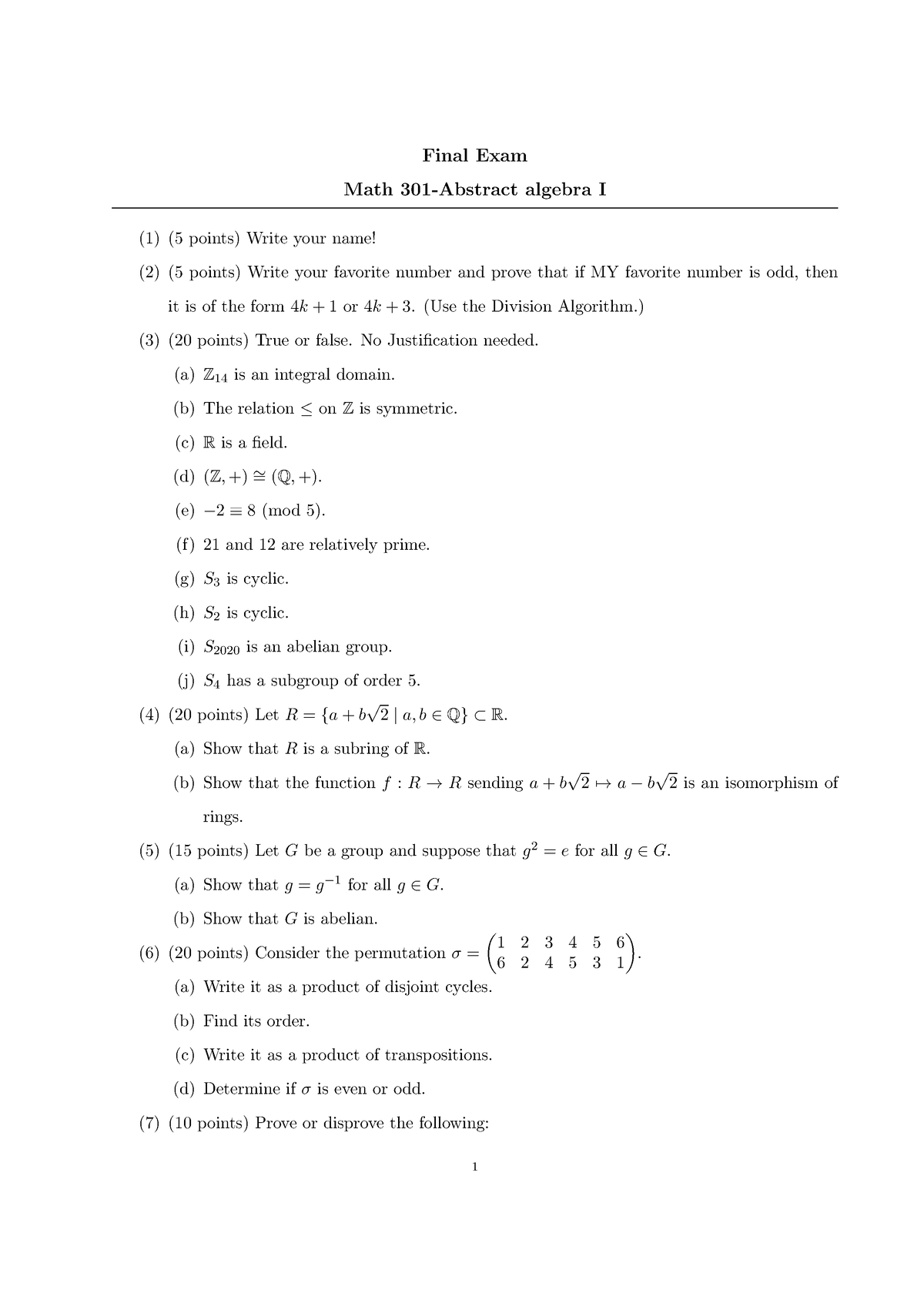 Final - basic facts about groups - Final Exam Math 301-Abstract algebra ...