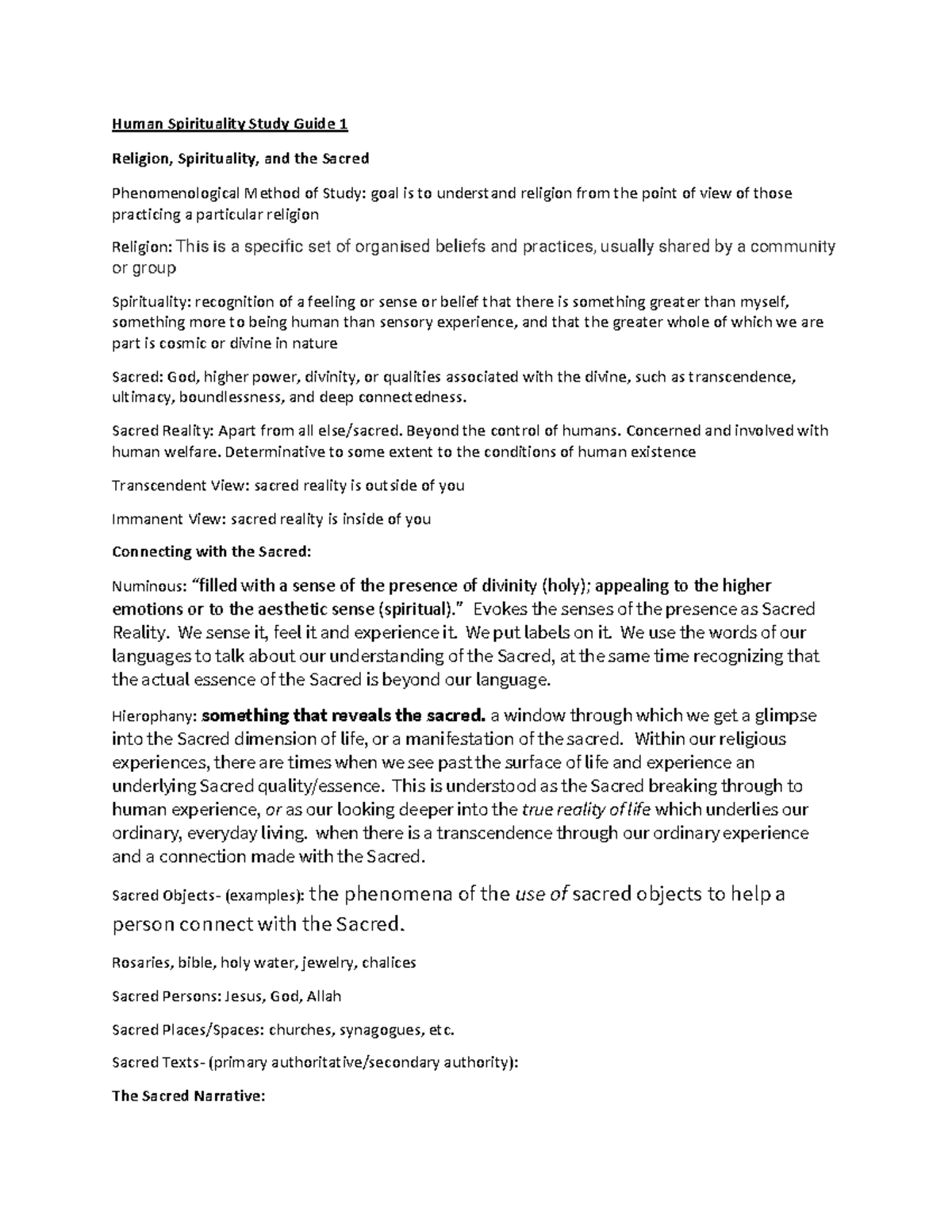 Human Spirituality Study Guide 1 - Sacred Reality: Apart from all else ...