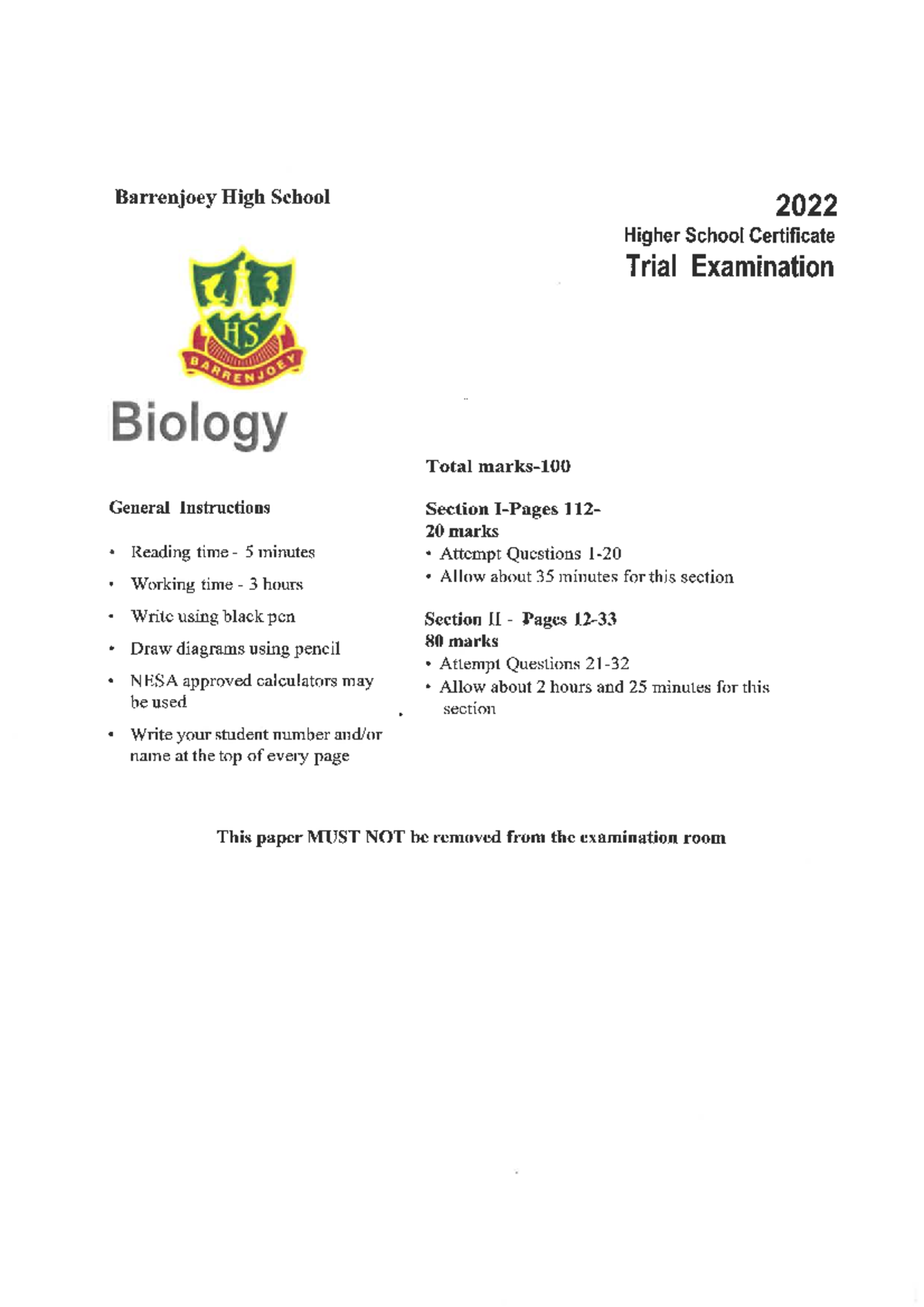 Biology Trial EXAM - Studocu