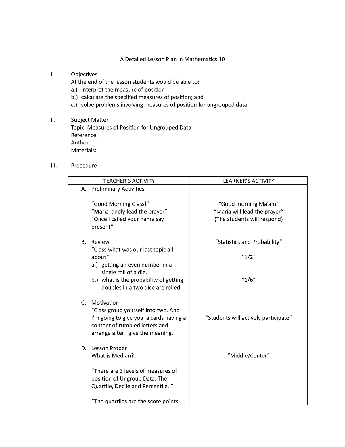 Lesson PLAN Math 10 - A Detailed Lesson Plan In Mathematics 10 I ...