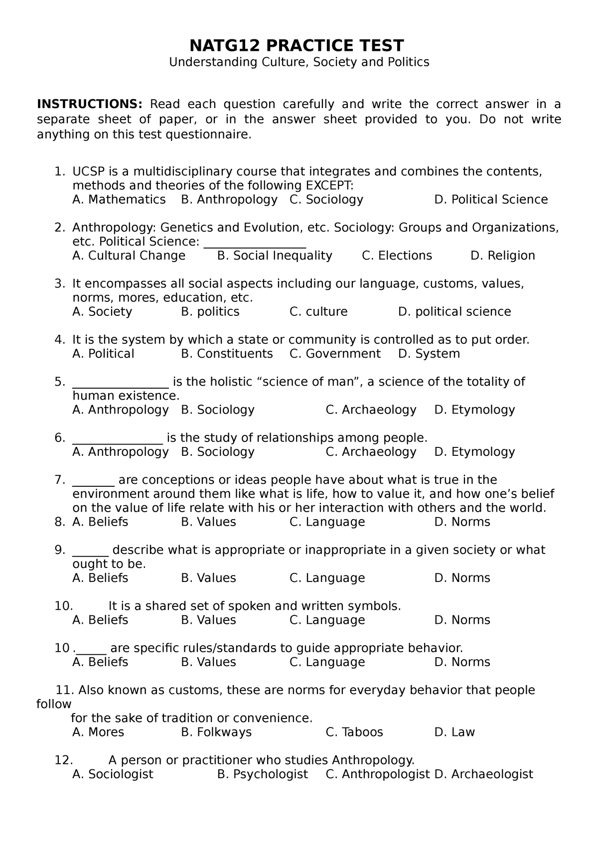 NATG12 Practice TEST2 NAT REVIEWER NATG12 PRACTICE TEST