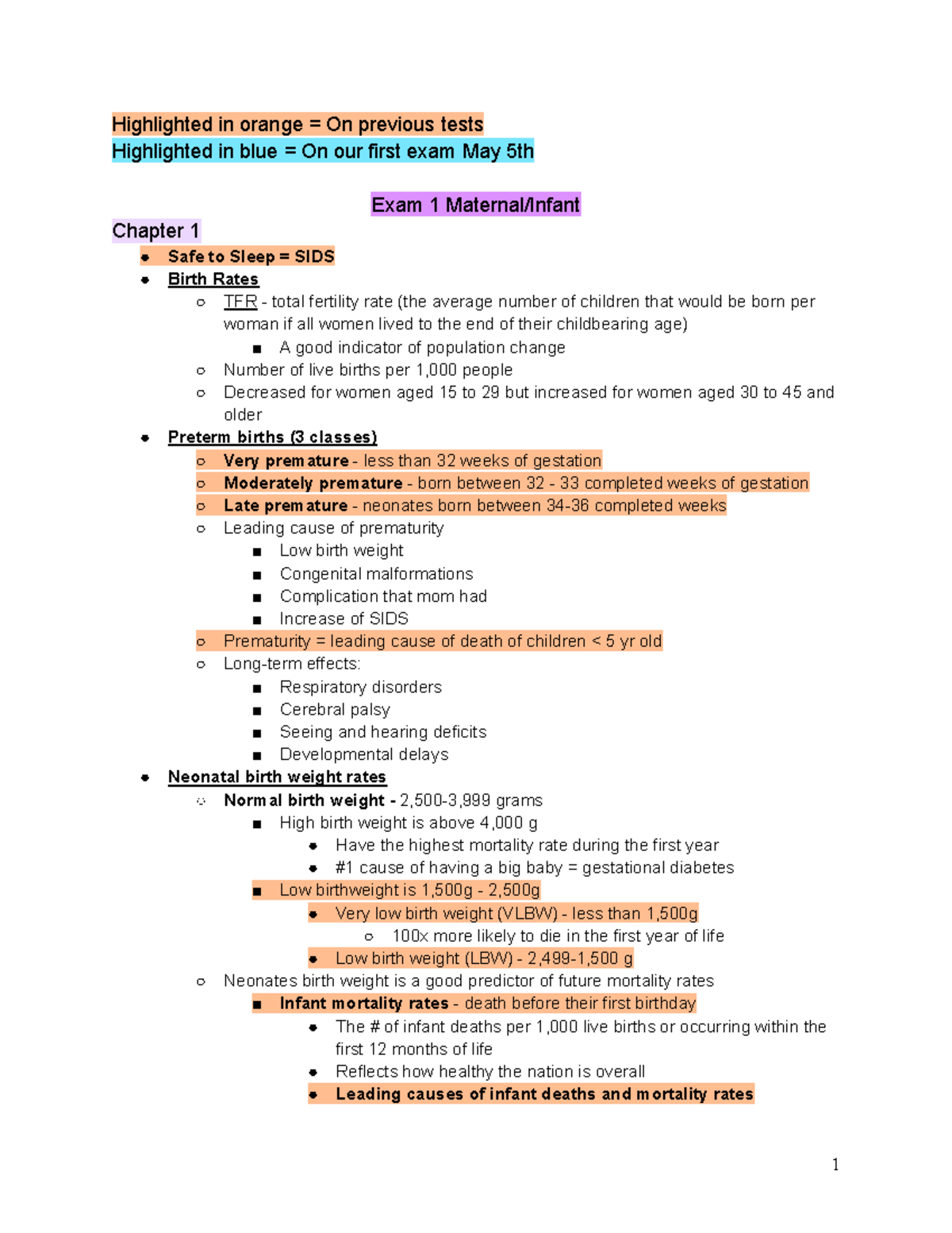 Exam 1 Maternal - Mother Baby nursing exam 1 study guide - Highlighted ...