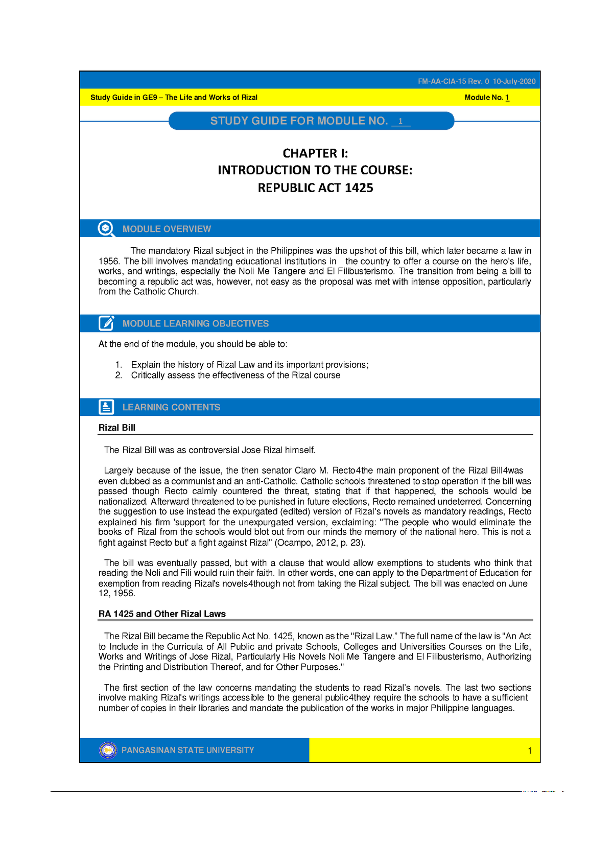 GE9 Module 1 Introduction to the Course RA 1425 - PANGASINAN STATE ...