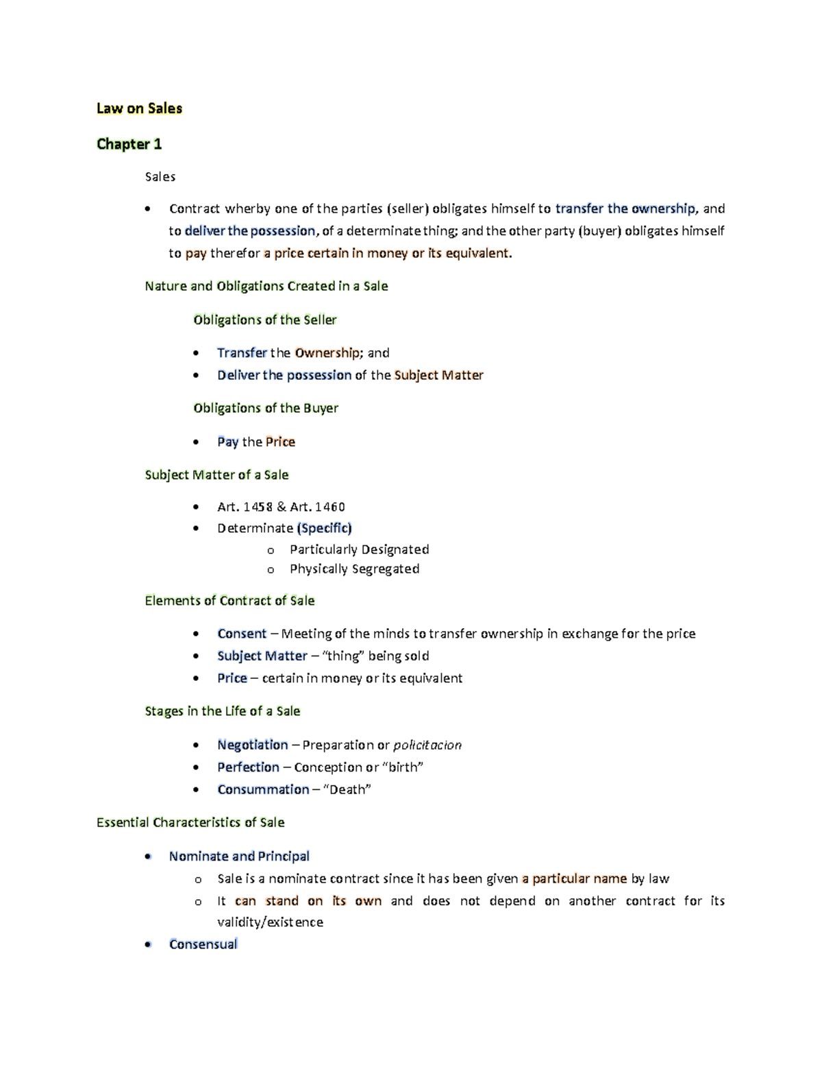 Law on Sales Notes Chapter 1-4 - Law on Sales Chapter 1 Sales Contract ...