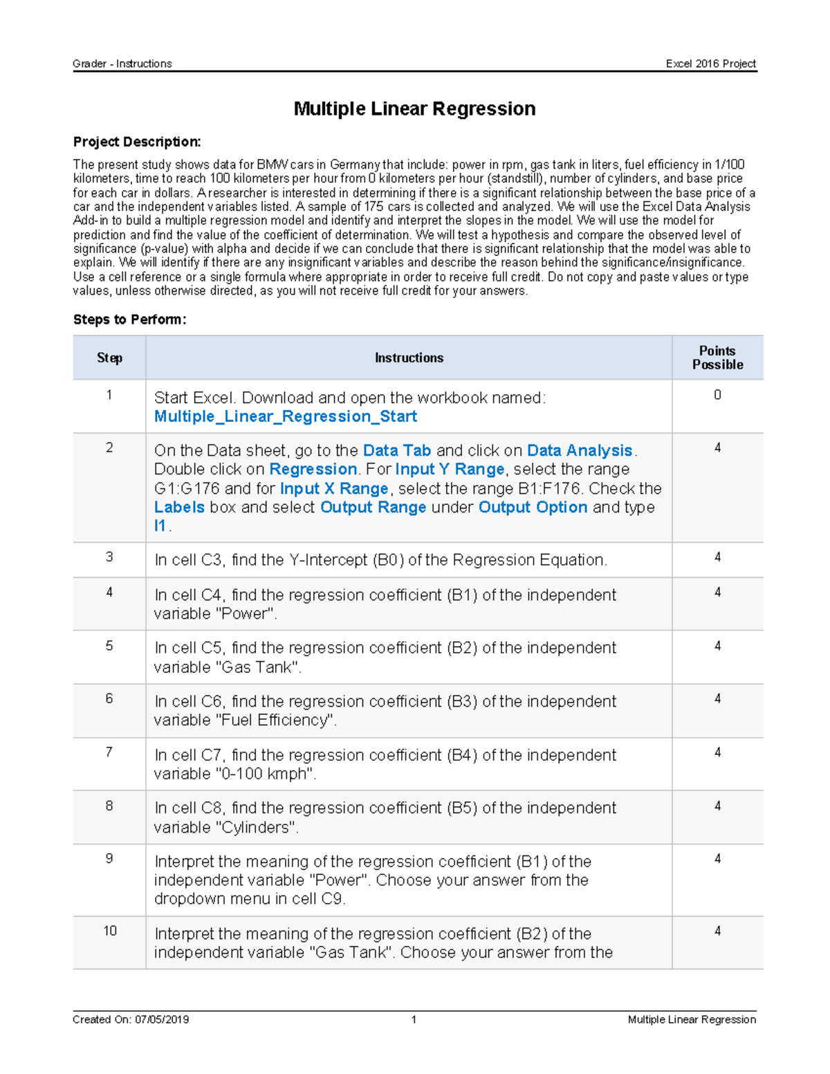 Multiple Linear Regression Instructions - Grader - Instructions Excel ...