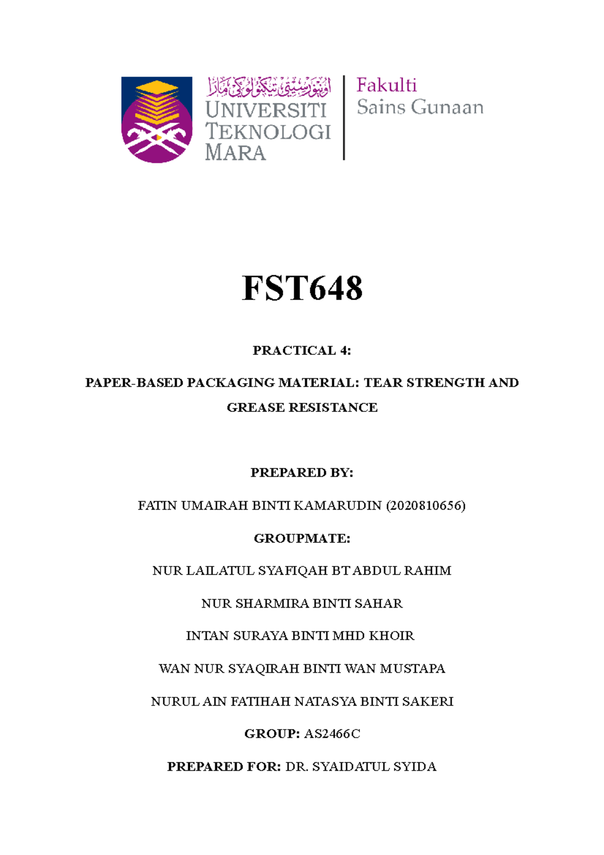 FST648 4 - lab report practical 4 - FST PRACTICAL 4: PAPER-BASED ...
