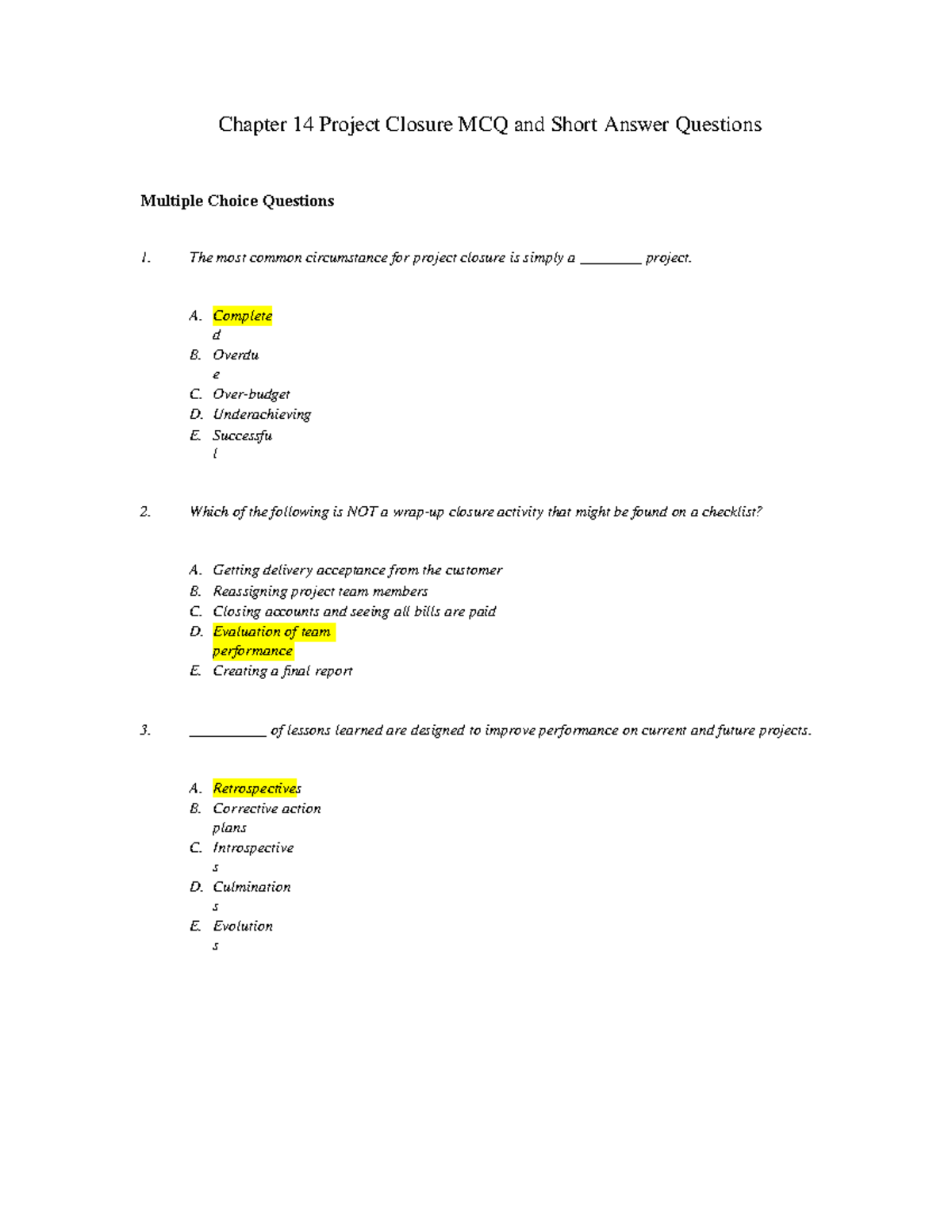 Week 10 Chapter 14 Project Closure MCQ And Short Answer Questions V1 ...