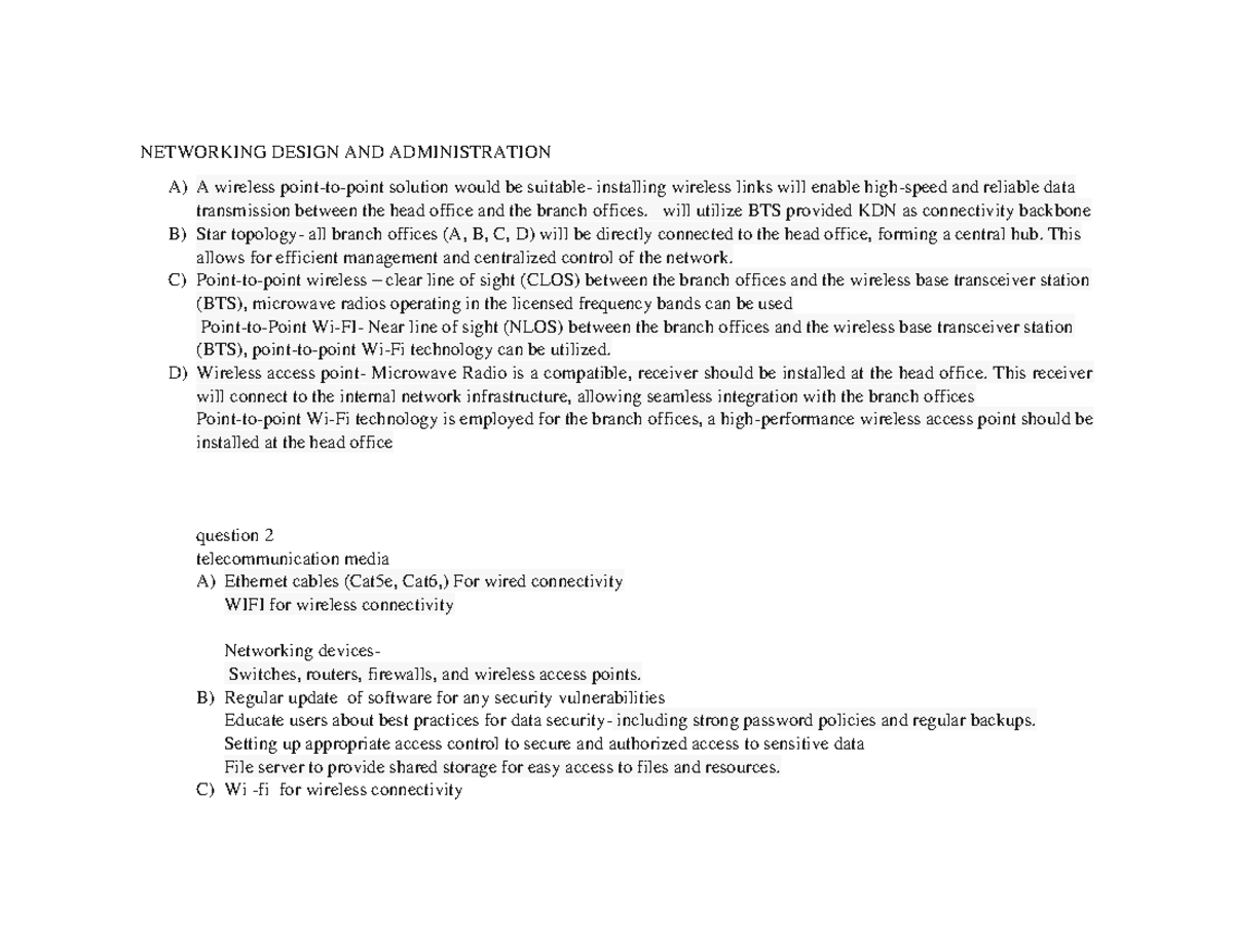 Network Design Quiz attempt 1 NETWORKING DESIGN AND ADMINISTRATION A