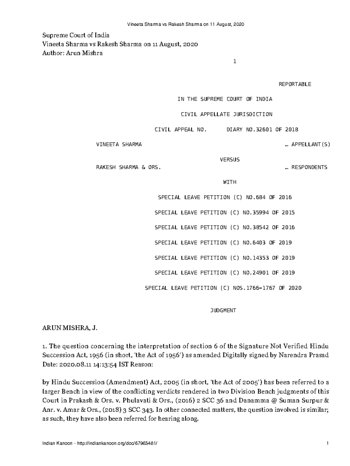 Vineeta Sharma vs Rakesh Sharma on 11 August 2020 Supreme Court of