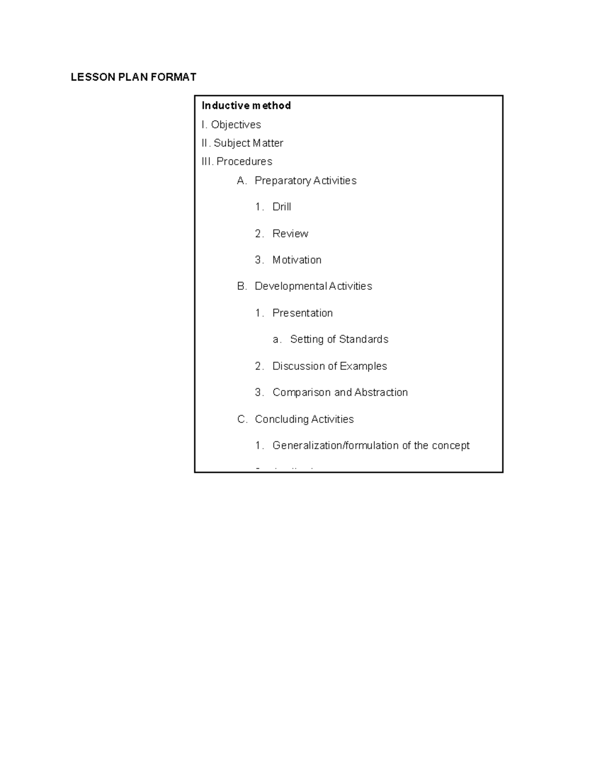 Lesson-PLAN- Format - LESSON PLAN FORMAT Inductive method I. Objectives ...