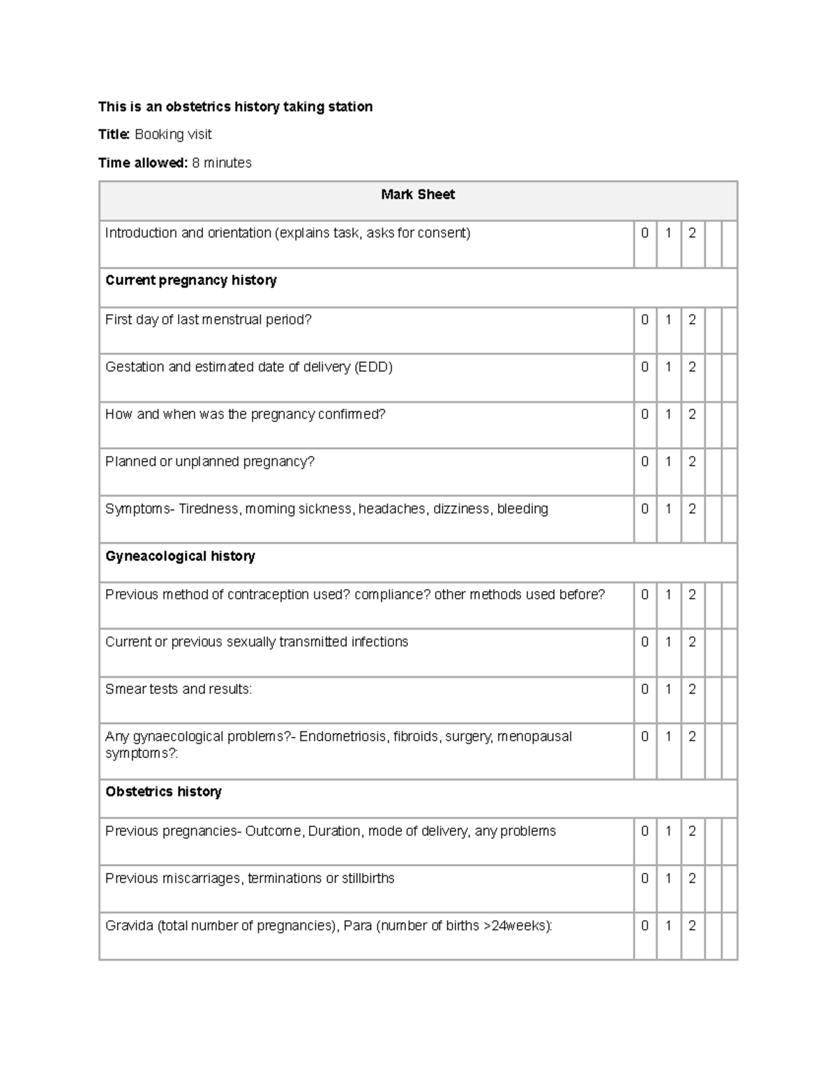 Booking Hx - Osce Checklist - This Is An Obstetrics History Taking ...