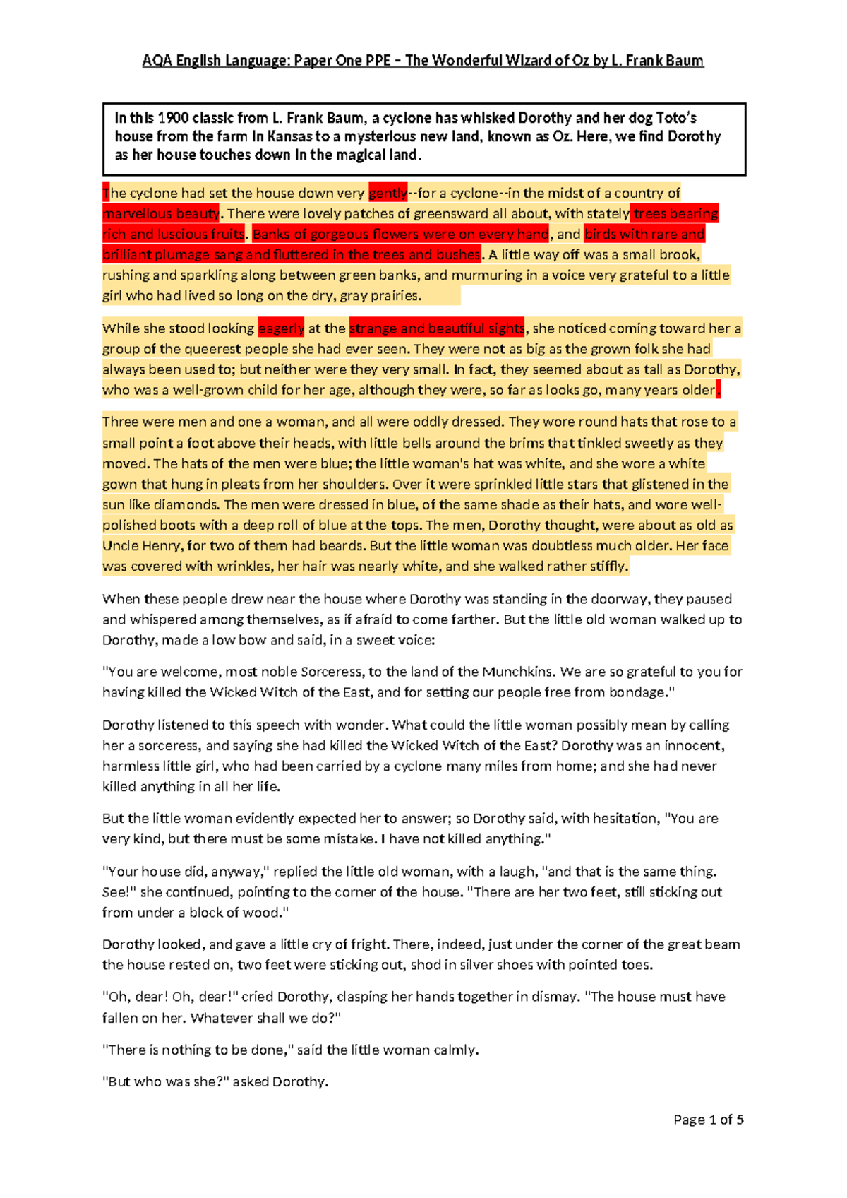 Language Paper 1 Extract and Questions - The cyclone had set the house ...