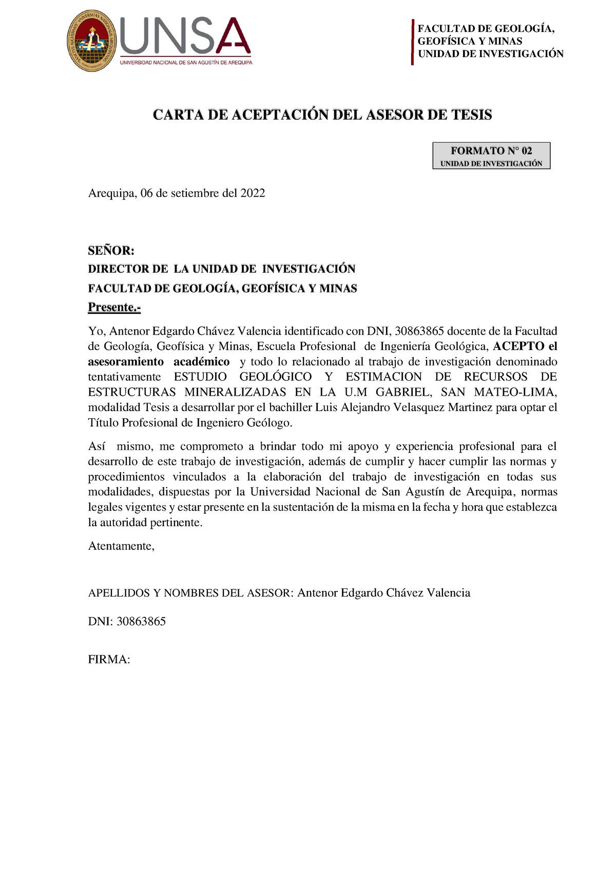 Carta De Aceptación Del Asesor De Tesis Facultad De GeologÍa GeofÍsica Y Minas Unidad De 2616