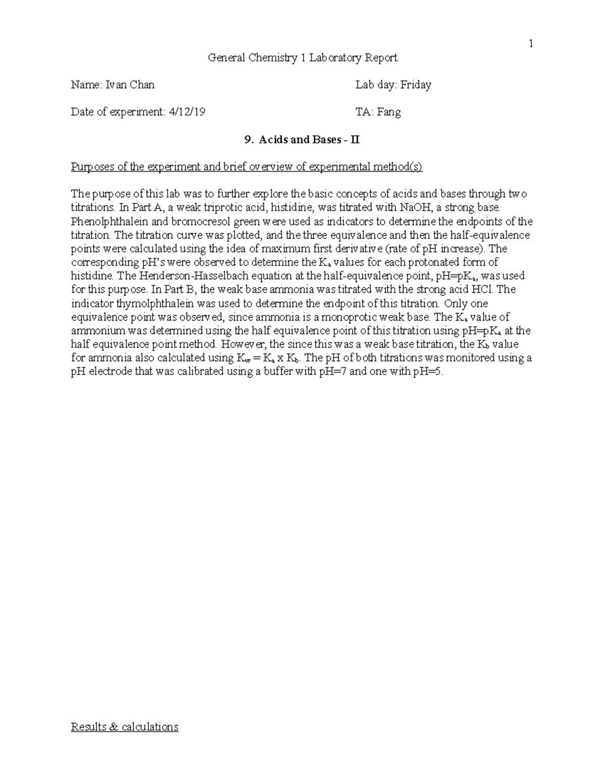 Lab Report Ex 9 Acids and Bases II General Chemistry 1 Laboratory